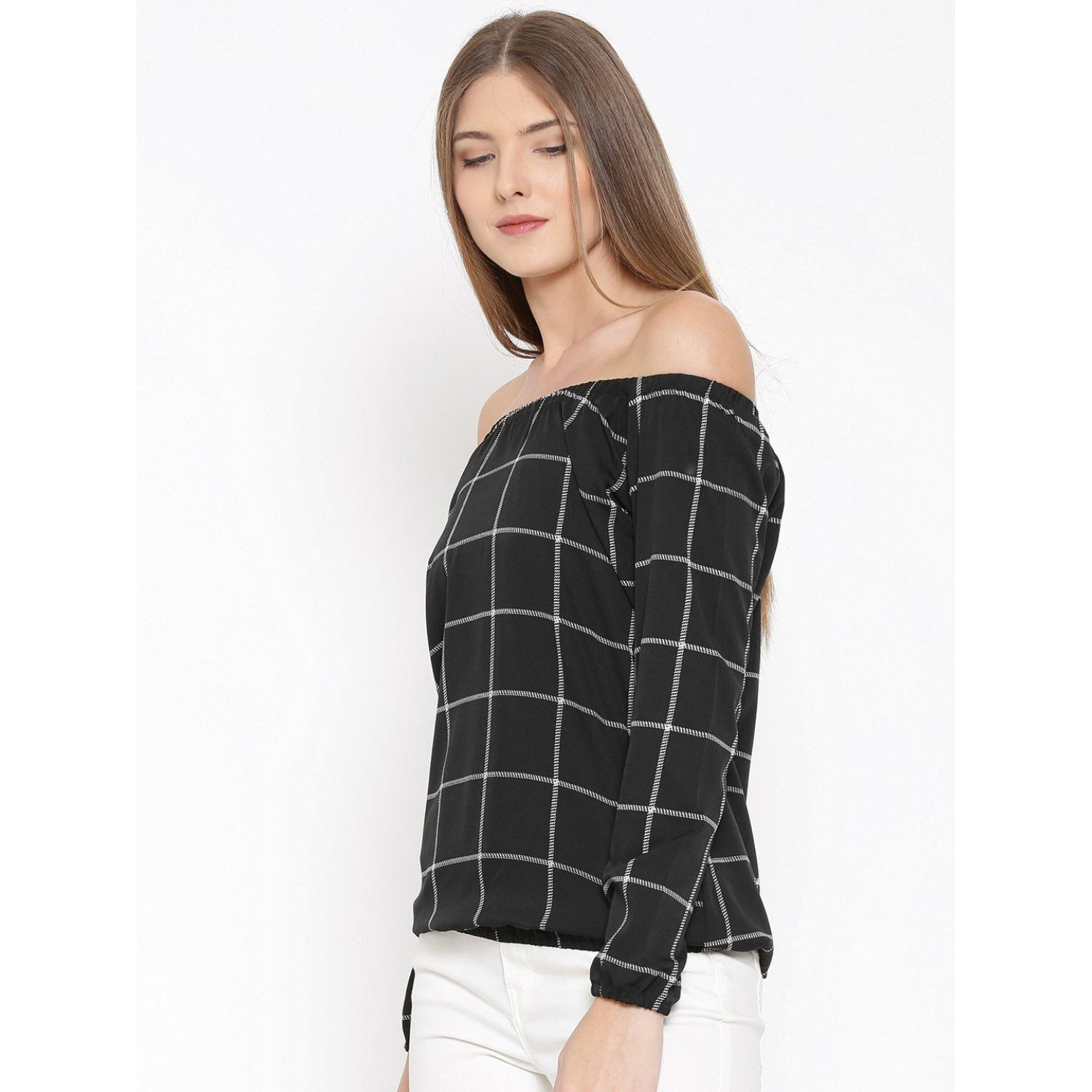Rare Women Black Checked Off-Shoulder Top (Ep1423-S)