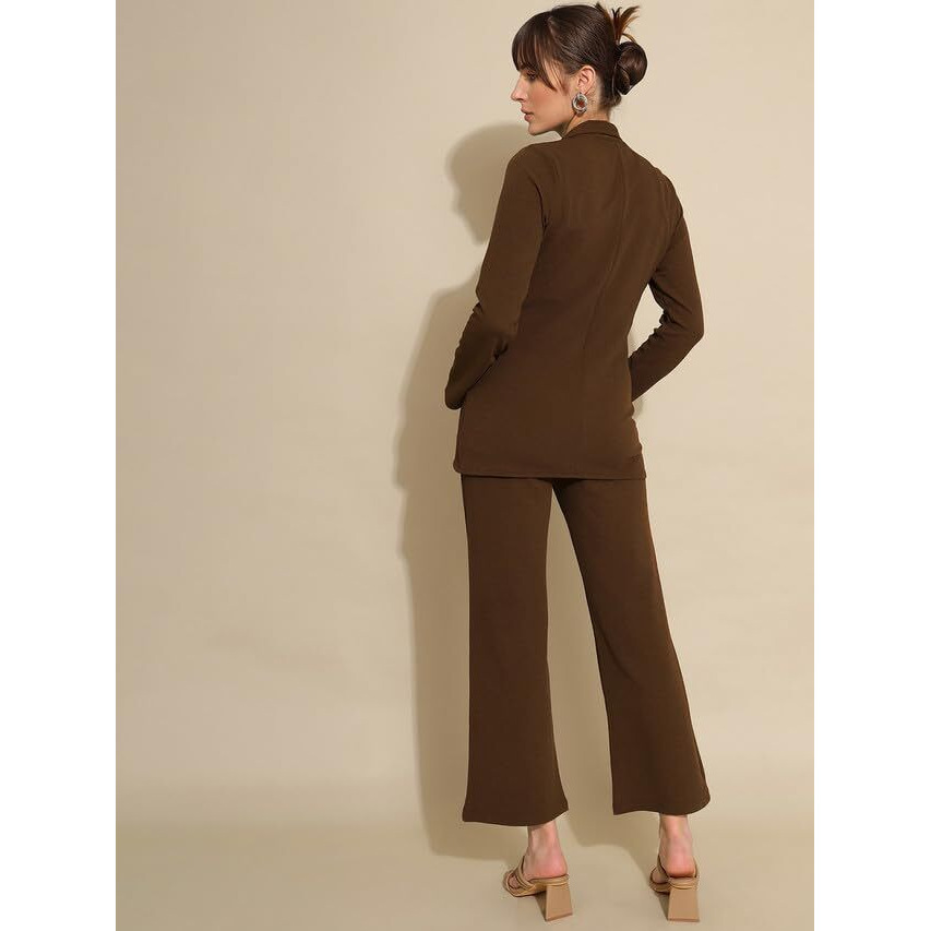 Selvia Co-Ord Set For Women|Collared Neck Co-Ord Set For Women| Blazer And Trouser|Solid Co-Ord Set|Coat And Pant|2 Piece|Formal Co-Ord Set For Women| Lycra Co-Ord Set (634Ctk11252N-L_Brown)