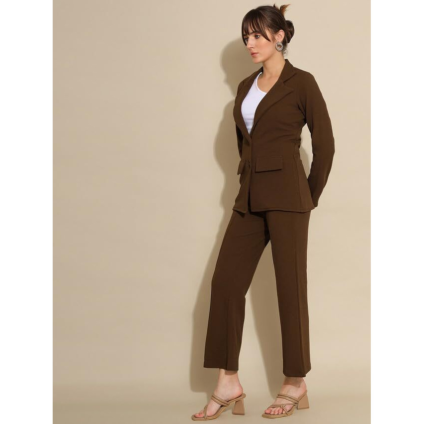 Selvia Co-Ord Set For Women|Collared Neck Co-Ord Set For Women| Blazer And Trouser|Solid Co-Ord Set|Coat And Pant|2 Piece|Formal Co-Ord Set For Women| Lycra Co-Ord Set (634Ctk11252N-L_Brown)