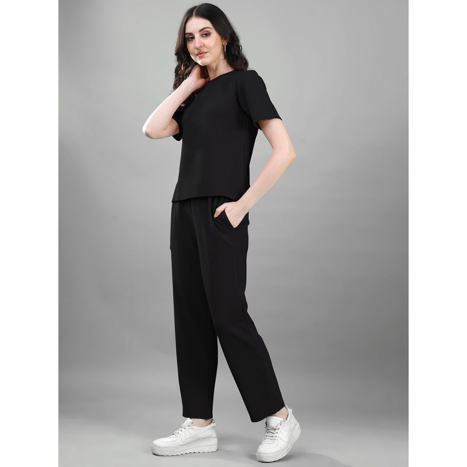 Selvia Women's Co-Ords Set|Lycra Top And Trouser Set|Casual Co-Ords Set For Women|Two Piece Co-Ord Set|Top & Pant Set(707Ctk11663N-M_Black)