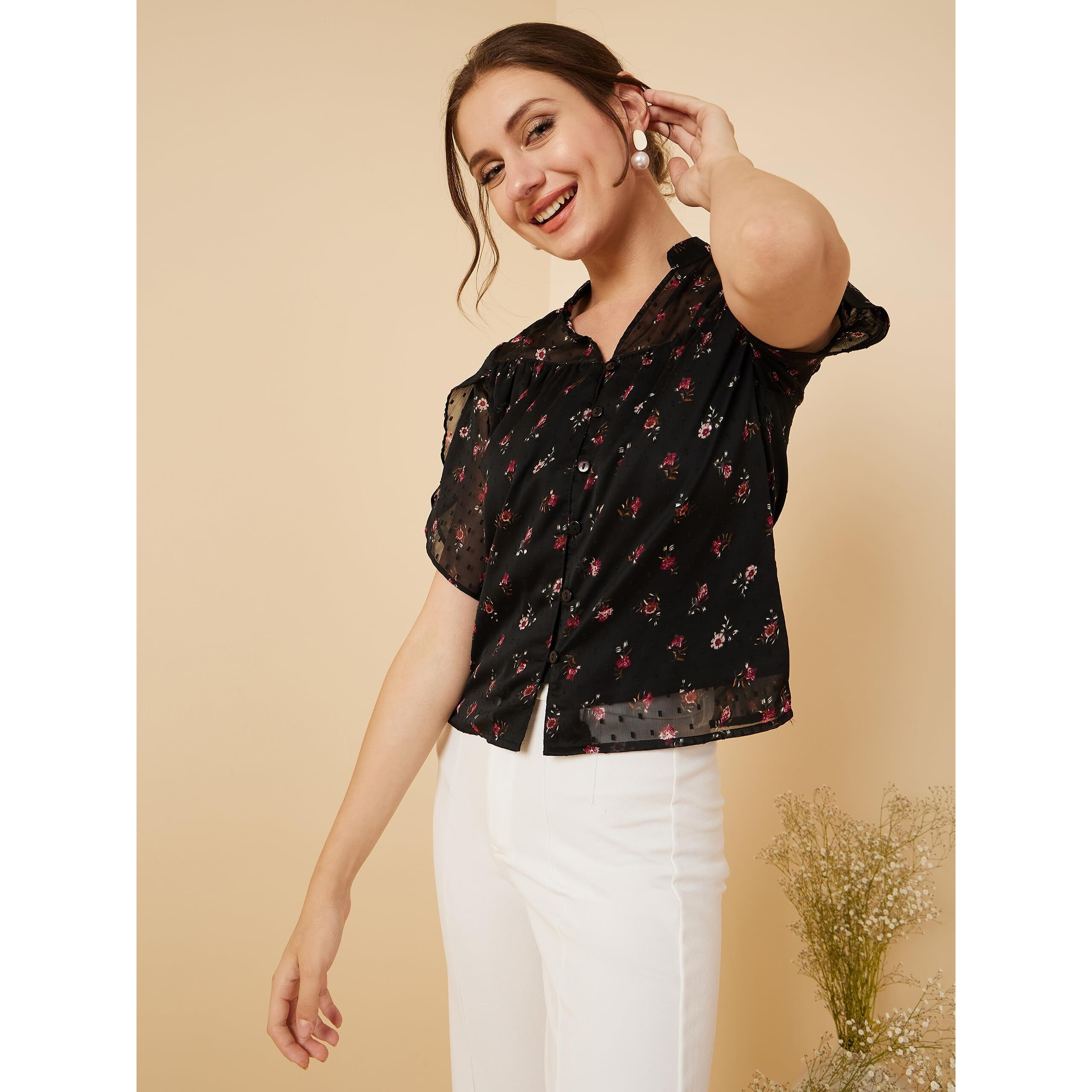 Rare Polyester Women's Floral Regular Fit Blouse Shirt(Ep7554A_Black Xl)