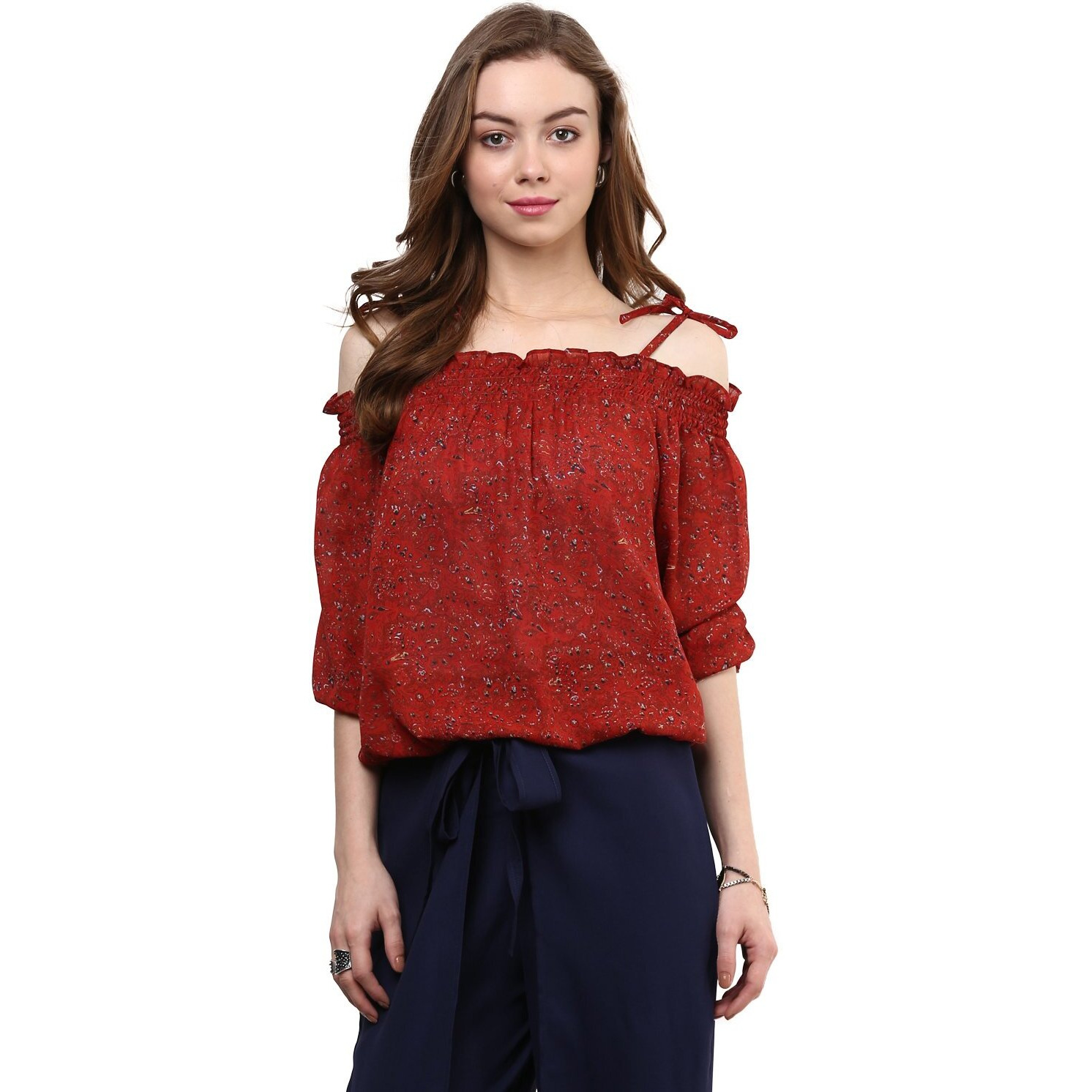 Rare Rust Red Printed Off-Shoulder Blouson Top (Ep1001A-Xl)