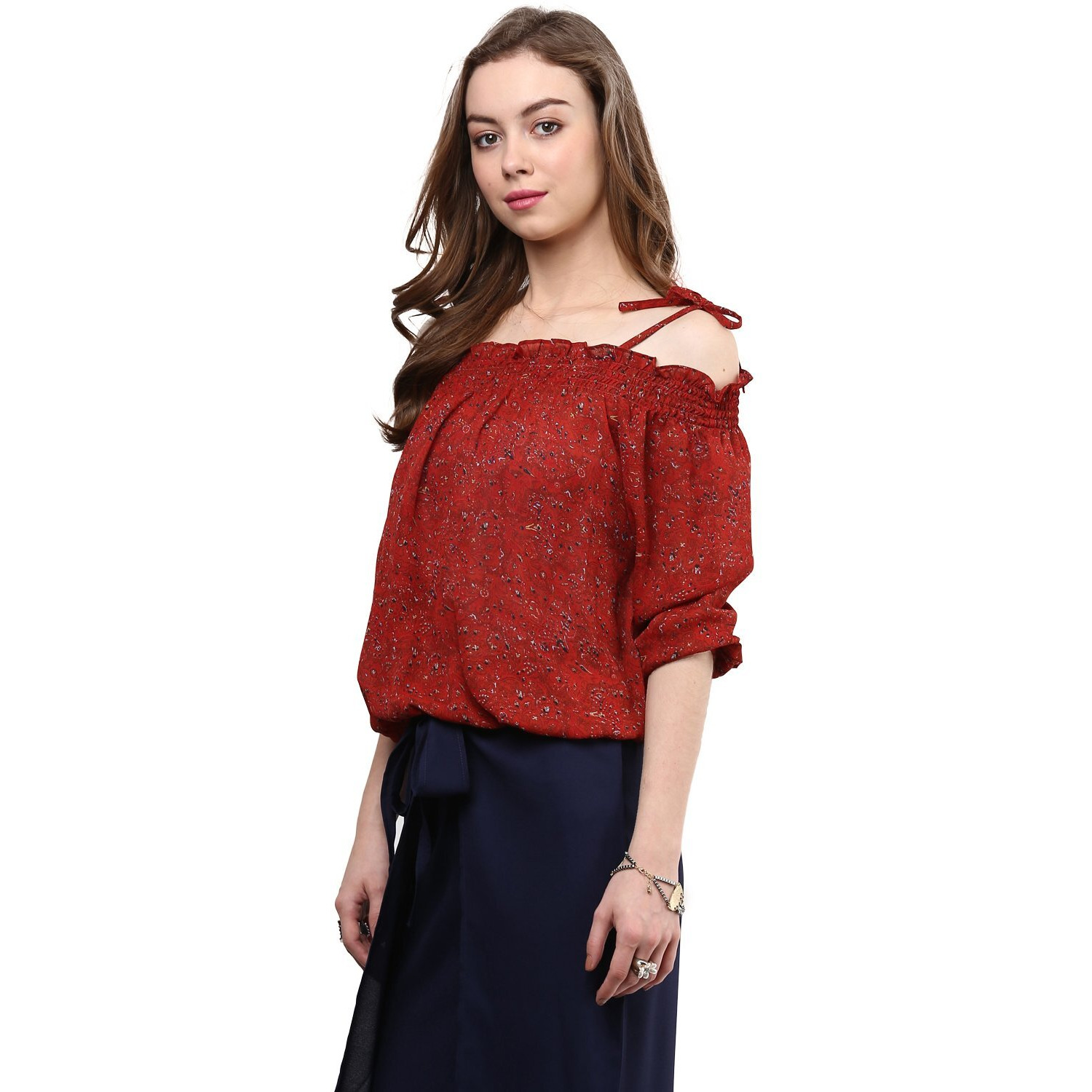 Rare Rust Red Printed Off-Shoulder Blouson Top (Ep1001A-Xl)