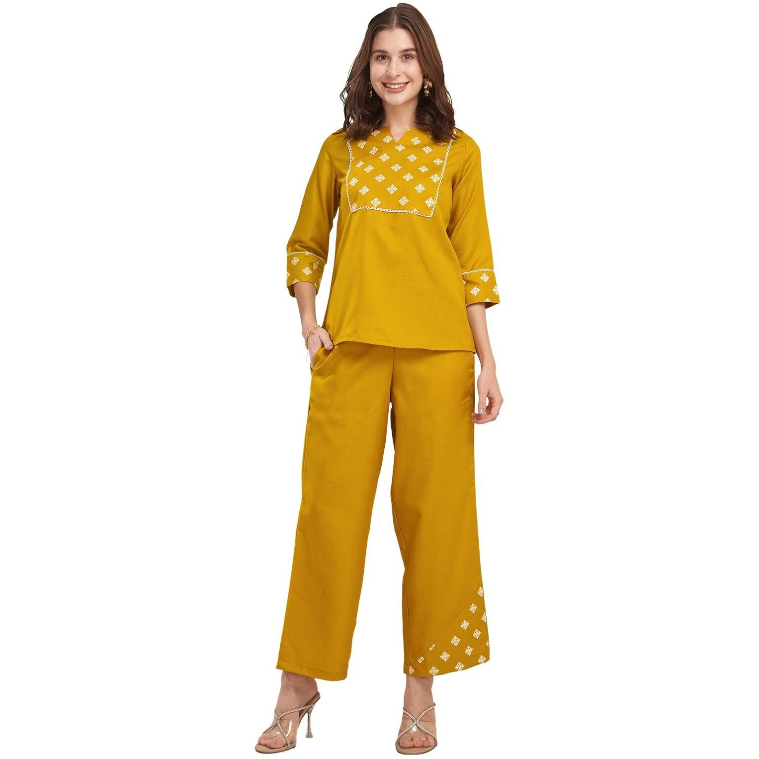 Selvia Co-Ords Top & Trouser Set For Women | Formal Office Wear | Solid Yellow Cotton Blend Two Piece Co-Ord Set (698Ctk7874N-Xxl)
