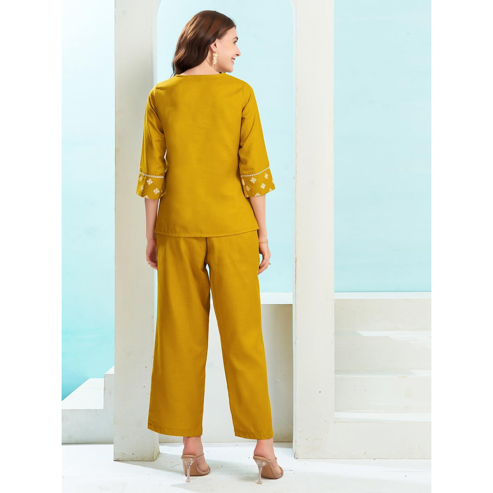 Selvia Co-Ords Top & Trouser Set For Women | Formal Office Wear | Solid Yellow Cotton Blend Two Piece Co-Ord Set (698Ctk7874N-Xxl)