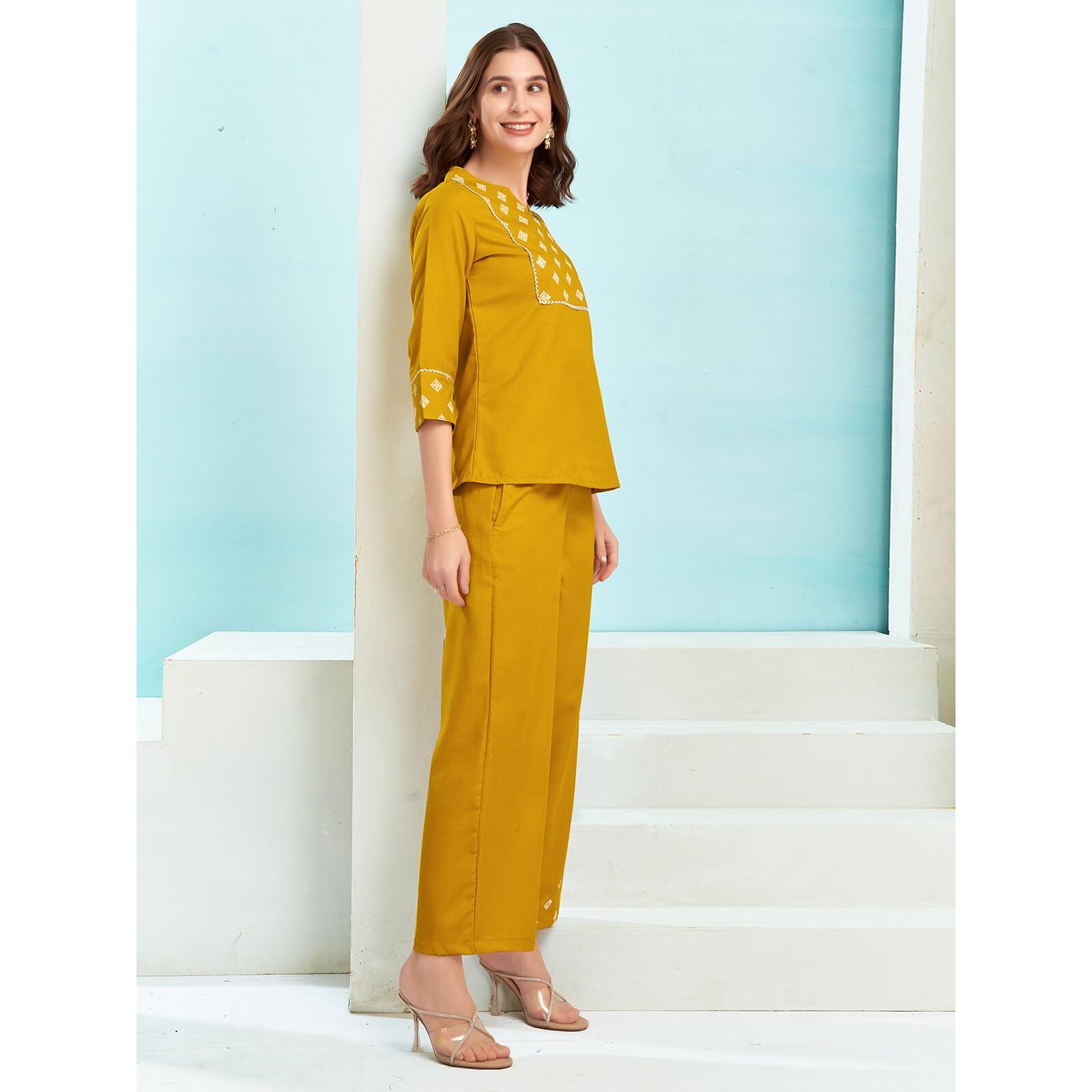 Selvia Co-Ords Top & Trouser Set For Women | Formal Office Wear | Solid Yellow Cotton Blend Two Piece Co-Ord Set (698Ctk7874N-Xxl)