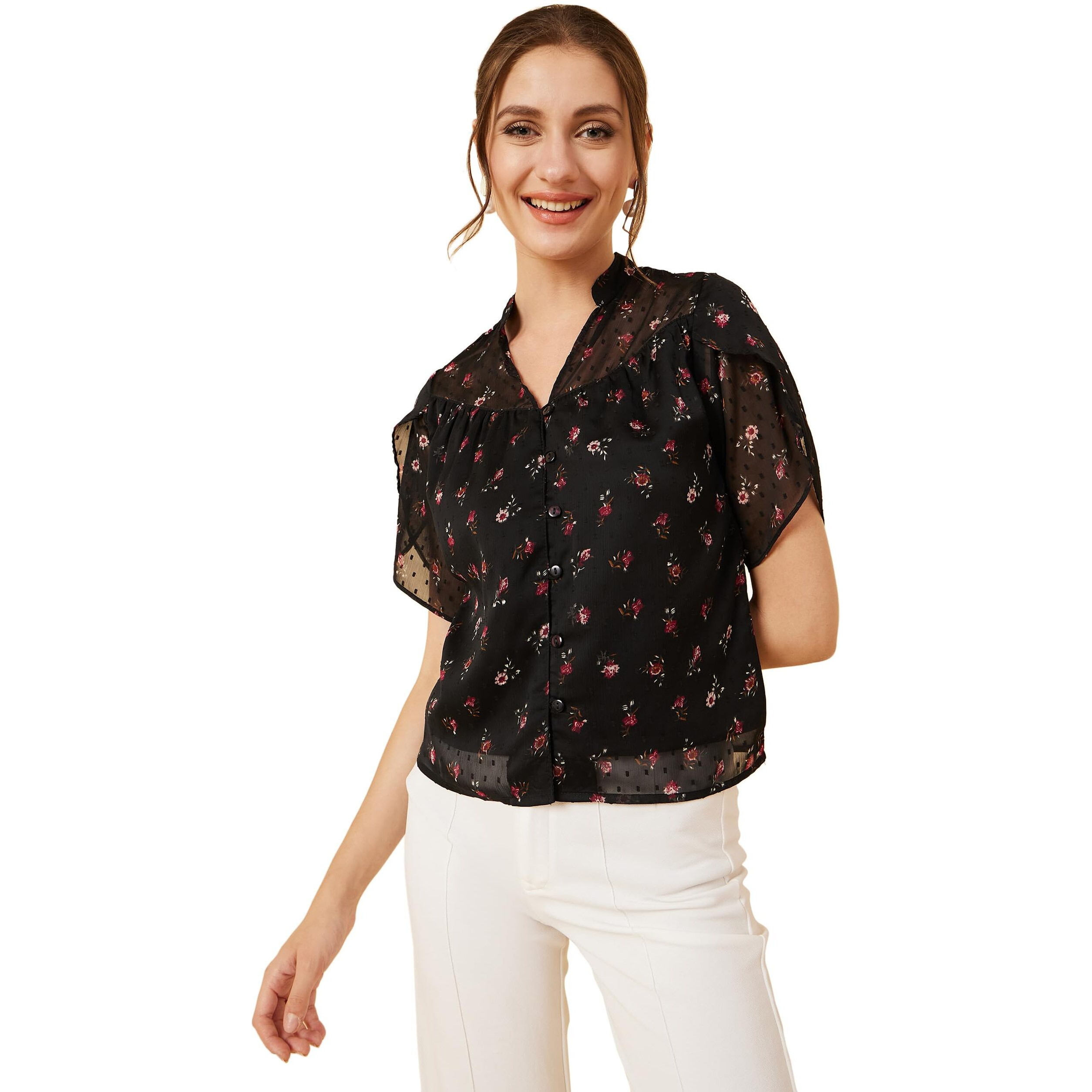 Rare Polyester Women's Floral Regular Fit Blouse Shirt (Ep7554A_Black L)