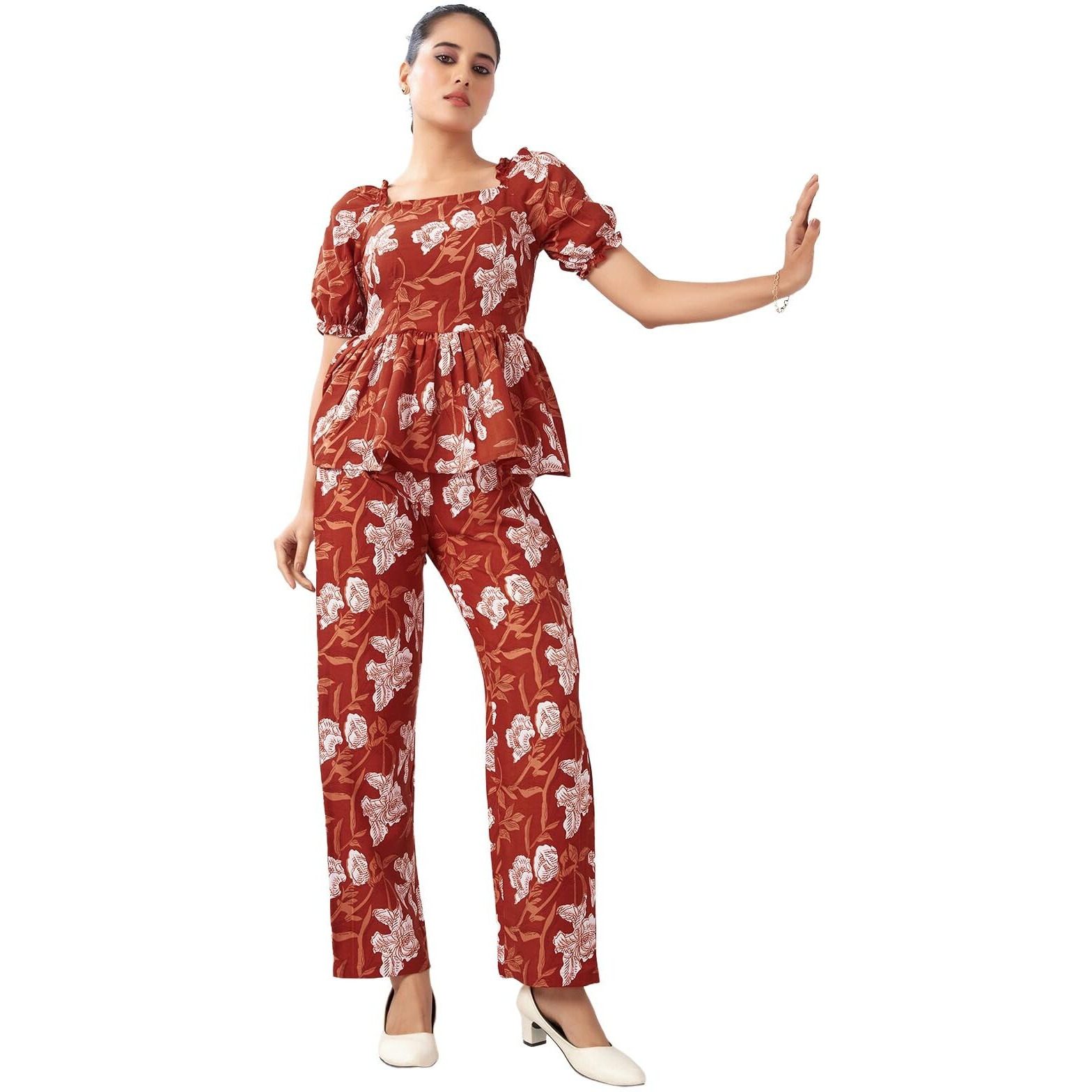 Selvia Formal Co-Ords Top & Trouser - Floral Printed Two Piece - Office Wear (743Ctk8022N-S_Orange & White)