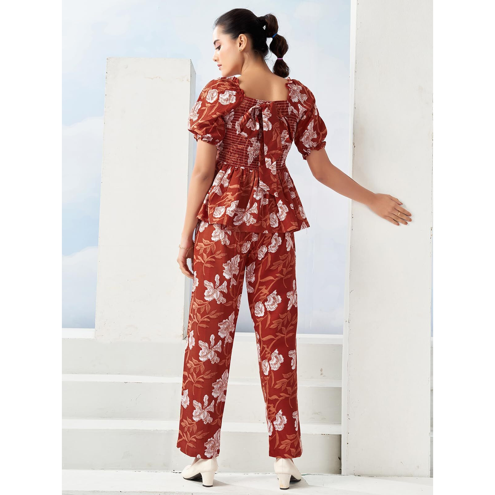 Selvia Formal Co-Ords Top & Trouser - Floral Printed Two Piece - Office Wear (743Ctk8022N-S_Orange & White)