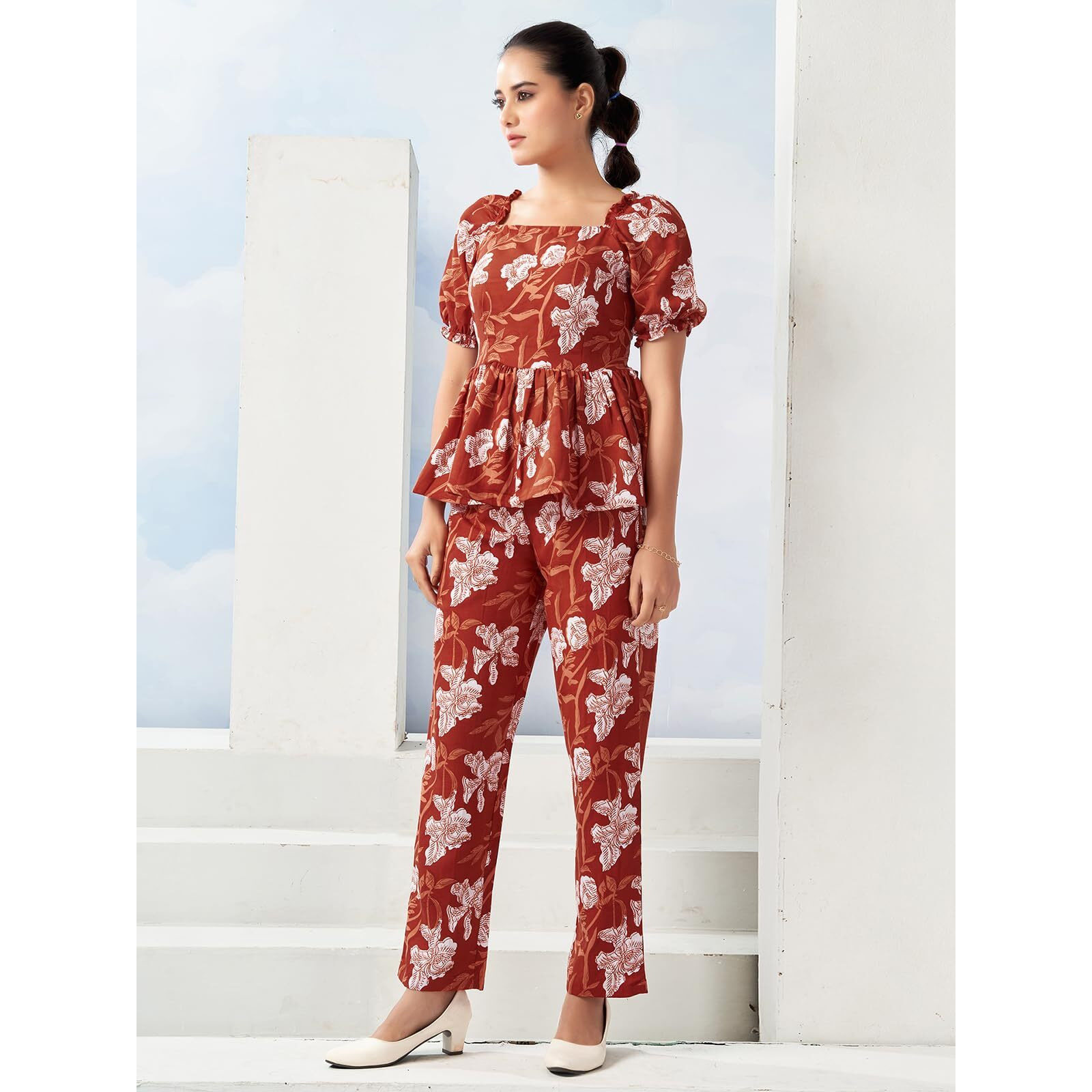 Selvia Formal Co-Ords Top & Trouser - Floral Printed Two Piece - Office Wear (743Ctk8022N-S_Orange & White)