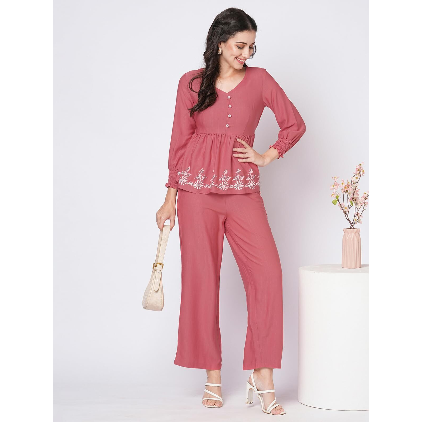 Selvia Co-Ords Set For Women|Cotton Lycra Tunic & Trouser Set|Ethnic Co-Ords Set For Women|Embroidery Two Piece Co-Ord Set(642Ctk7723N-M_Dark Rose Pink)