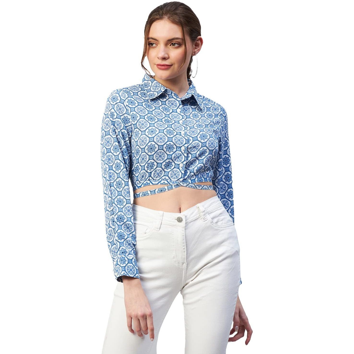 Rare Women Casual Blue Colour Shirt Collar Abstract Regular Top