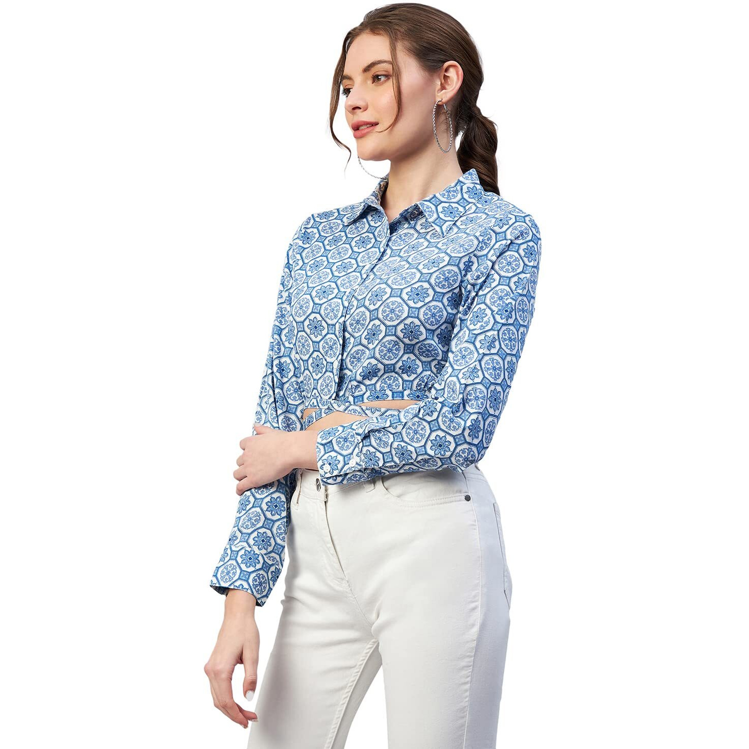 Rare Women Casual Blue Colour Shirt Collar Abstract Regular Top