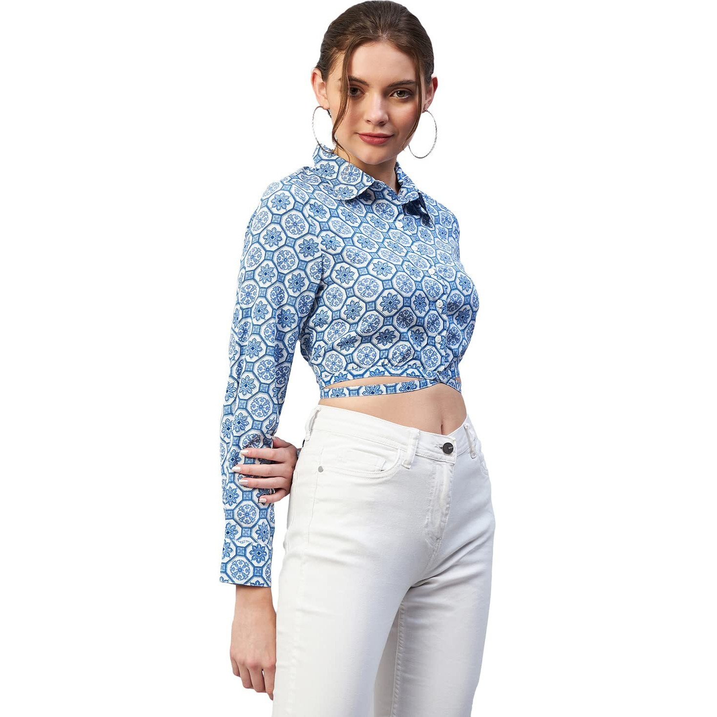 Rare Women Casual Blue Colour Shirt Collar Abstract Regular Top