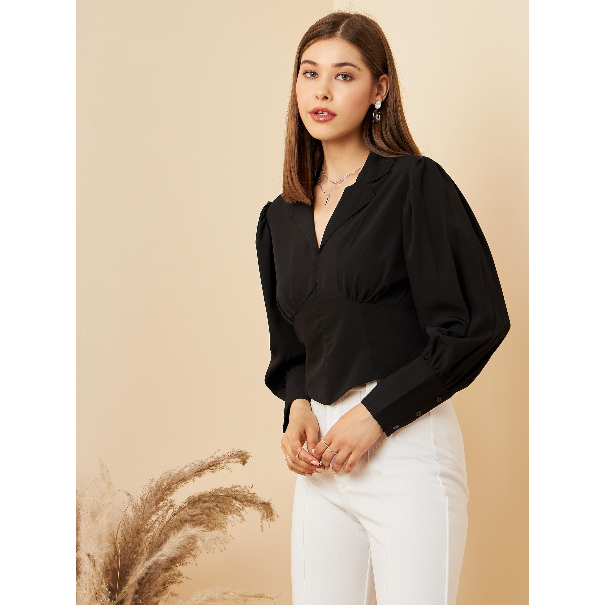 Rare Polyester Women's Solid Regular Fit Blouse (Ep7103A_Black Small)