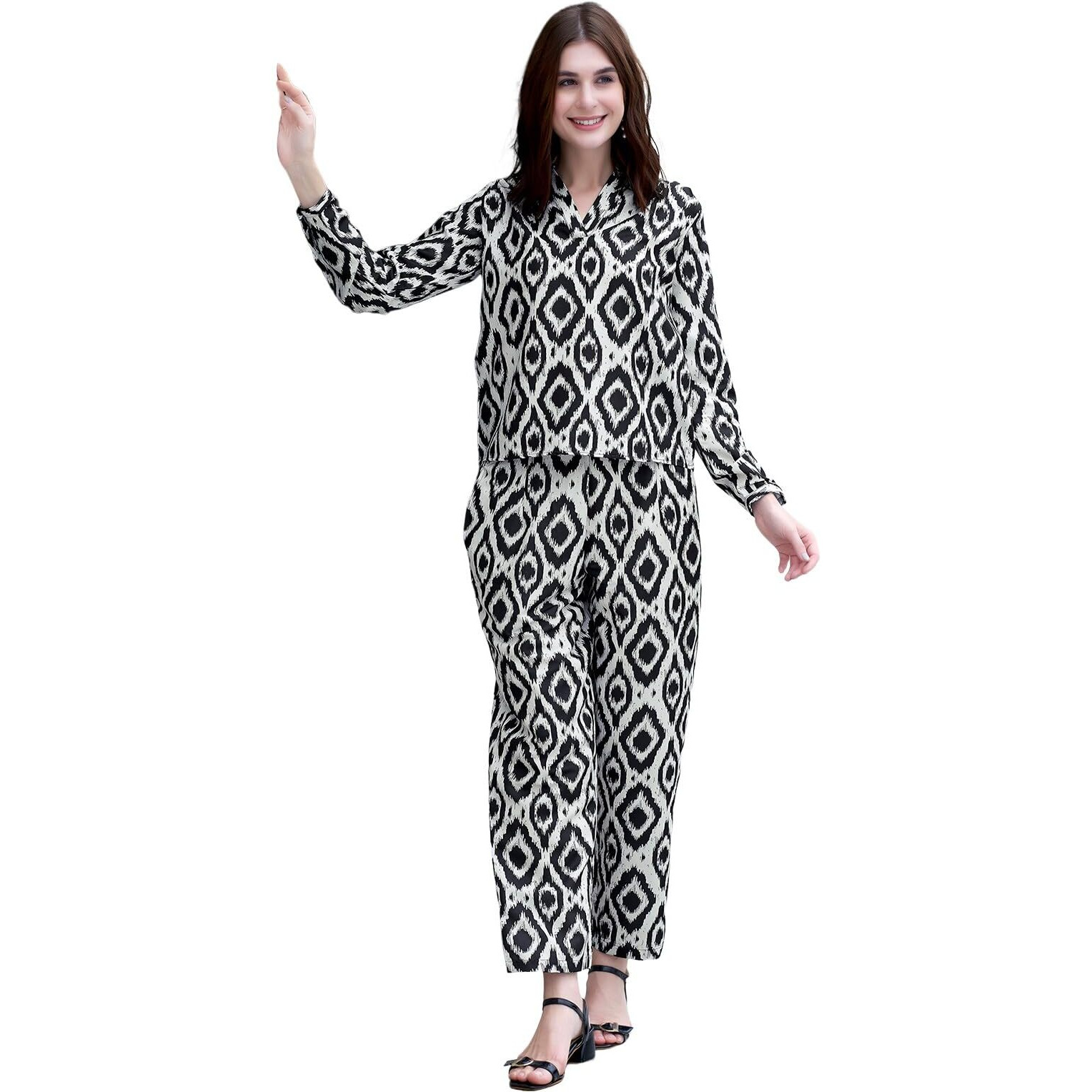 Selvia Co-Ords Set For Women | Rayon Blend Top & Trouser Co-Ords Set | Casual Co-Ords Set For Women | Printed Two Piece Co-Ord Set | Sports Wear Co-Ords Set(681Ctk7823N-Xl_Black & Off White)