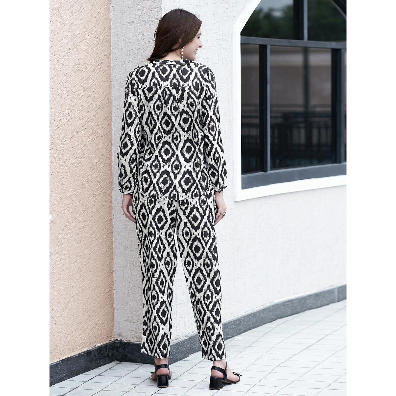 Selvia Co-Ords Set For Women | Rayon Blend Top & Trouser Co-Ords Set | Casual Co-Ords Set For Women | Printed Two Piece Co-Ord Set | Sports Wear Co-Ords Set(681Ctk7823N-Xl_Black & Off White)