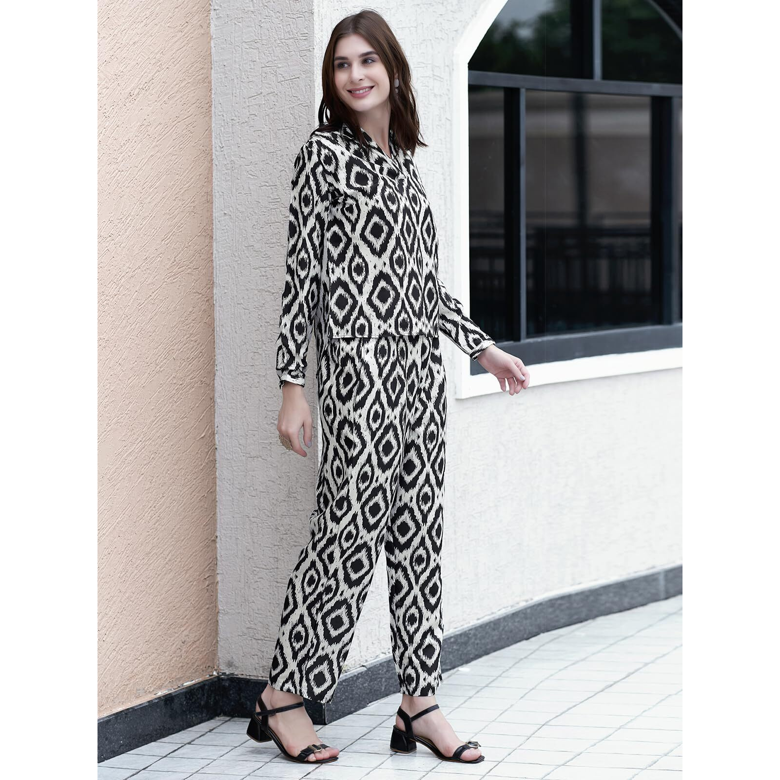 Selvia Co-Ords Set For Women | Rayon Blend Top & Trouser Co-Ords Set | Casual Co-Ords Set For Women | Printed Two Piece Co-Ord Set | Sports Wear Co-Ords Set(681Ctk7823N-Xl_Black & Off White)