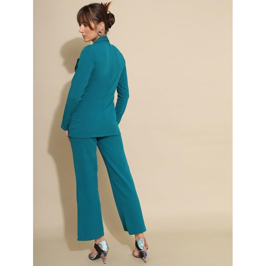 Selvia Co-Ord Set For Women|Collared Neck Co-Ord Set For Women| Blazer And Trouser|Solid Co-Ord Set|Coat And Pant|2 Piece|Formal Co-Ord Set For Women| Lycra Co-Ord Set (634Ctk11258N-Xl_Teal Blue)