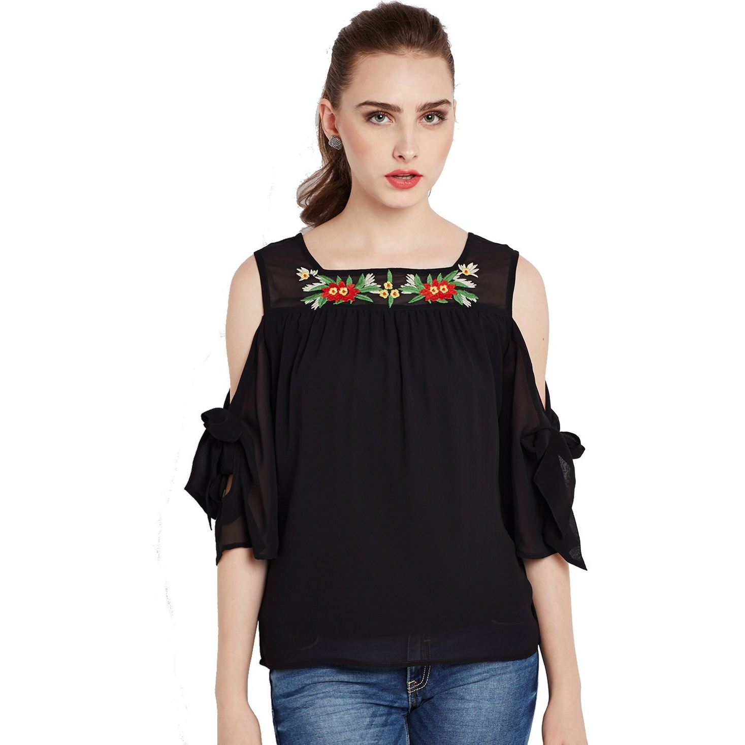 Rare Women Black Solid Cold-Shoulder Top (Ep2140-S)