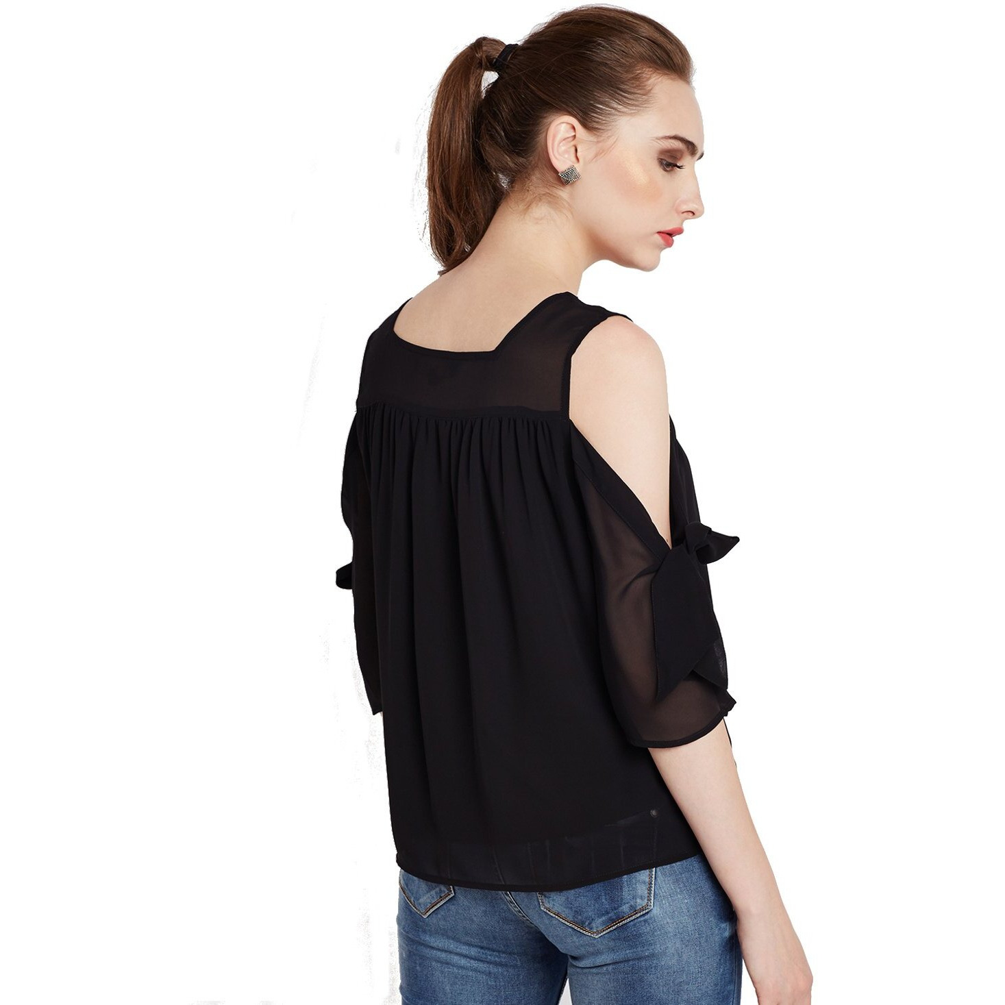 Rare Women Black Solid Cold-Shoulder Top (Ep2140-S)