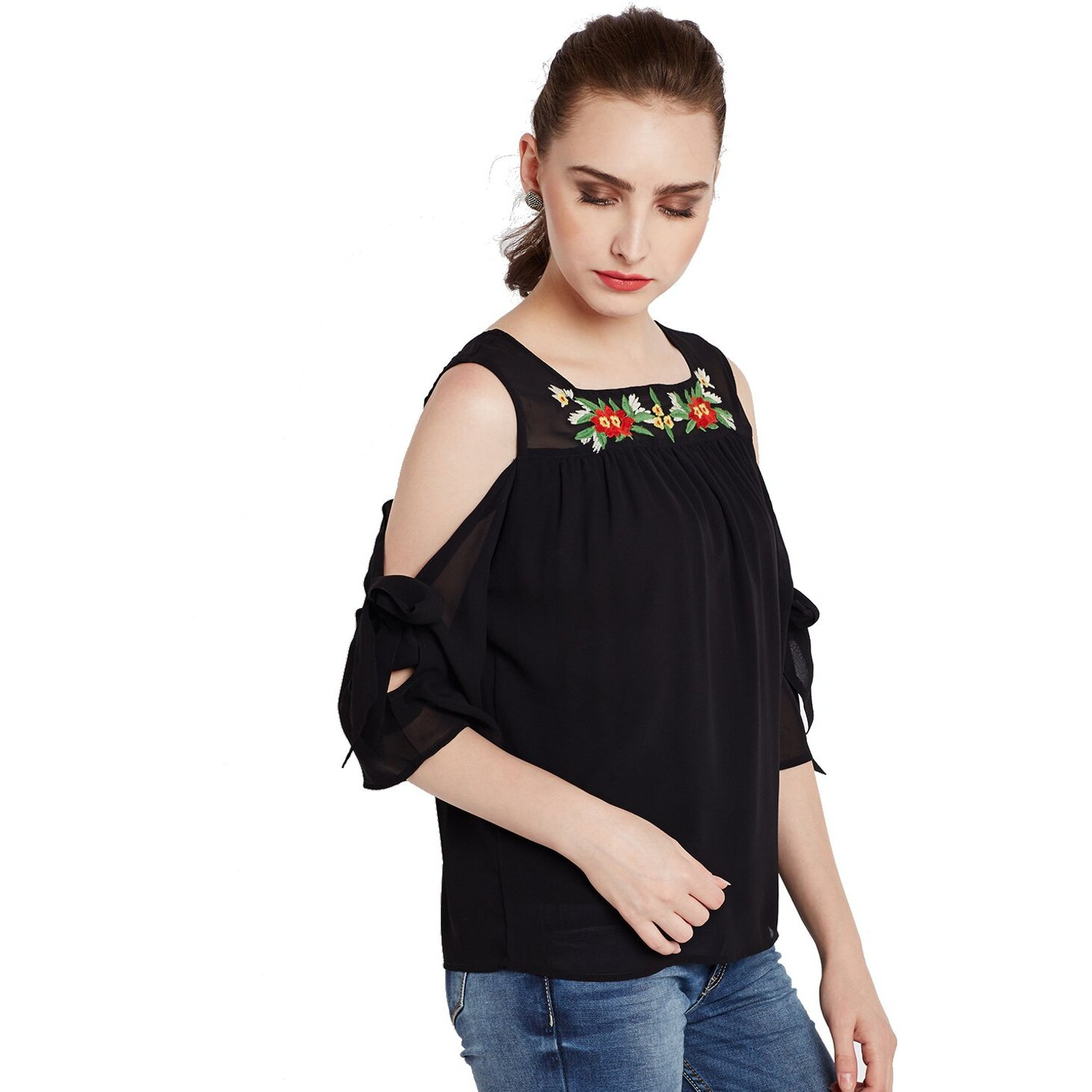 Rare Women Black Solid Cold-Shoulder Top (Ep2140-S)