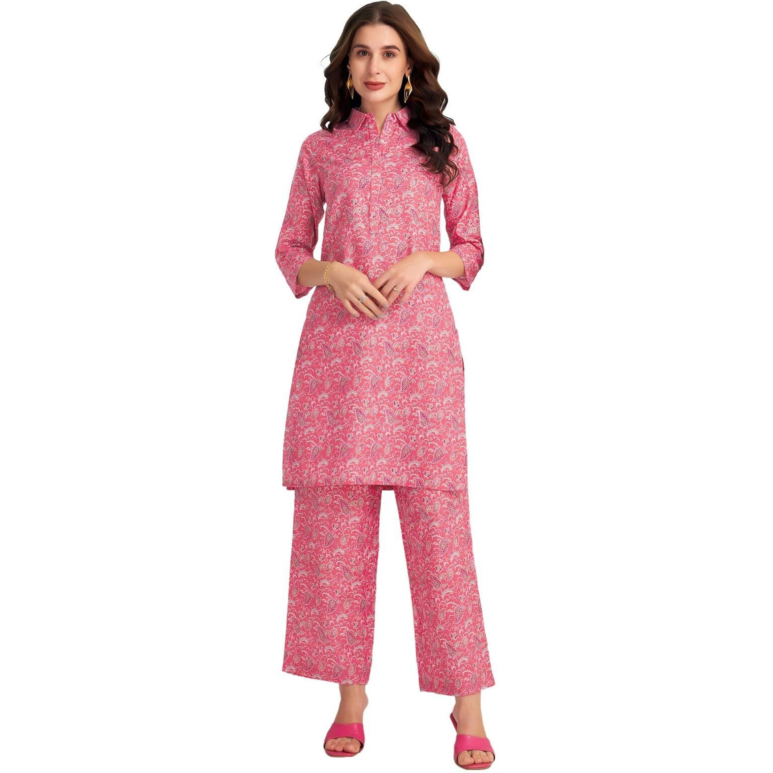 Selvia Co-Ords Set For Women | Cotton Blend Top & Trouser Co-Ords Set | Formal Co-Ords Set For Women | Printed Two Piece Co-Ord Set | Office Wear Co-Ords Set(681Ctk7824N-Xs_Pink & Multi)