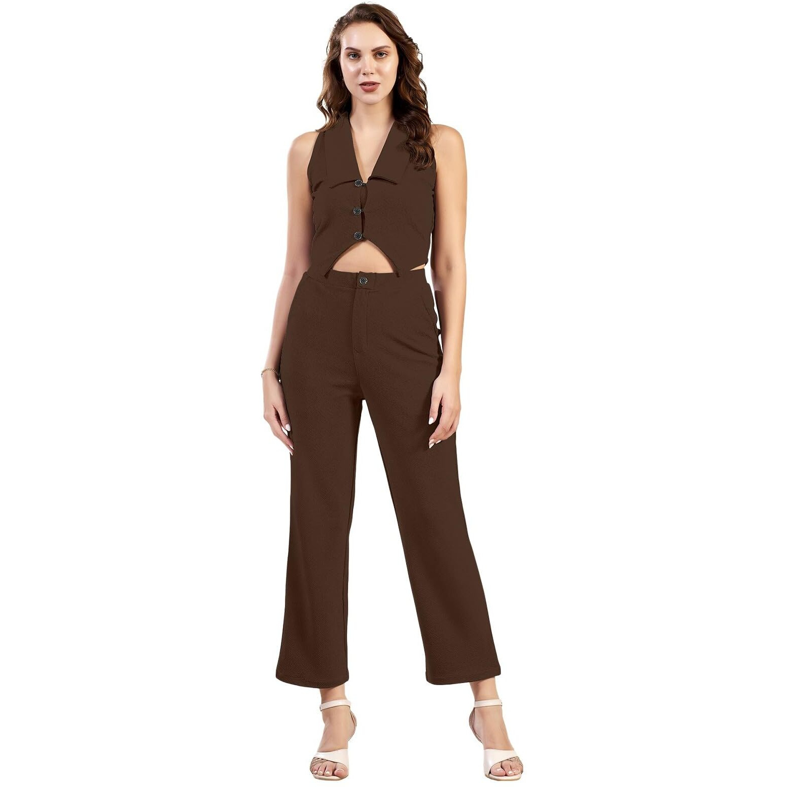 Selvia Co-Ords Set For Women|Lycra Top & Trouser Set|Formal Co-Ords Set For Women|Solid Two Piece Co-Ord Set|Office Wear Co-Ords Set(741Ctk11791N-L_Brown)