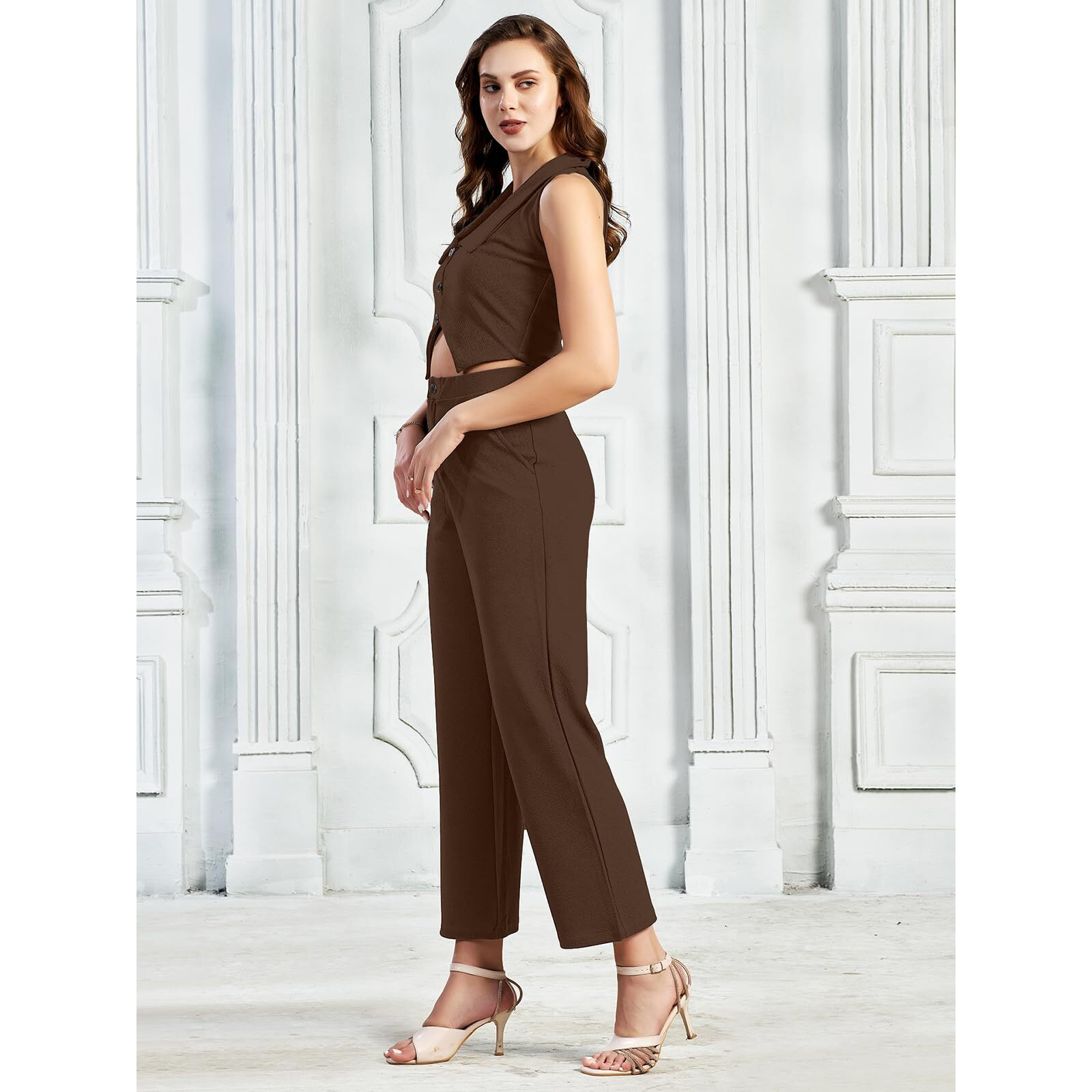 Selvia Co-Ords Set For Women|Lycra Top & Trouser Set|Formal Co-Ords Set For Women|Solid Two Piece Co-Ord Set|Office Wear Co-Ords Set(741Ctk11791N-L_Brown)