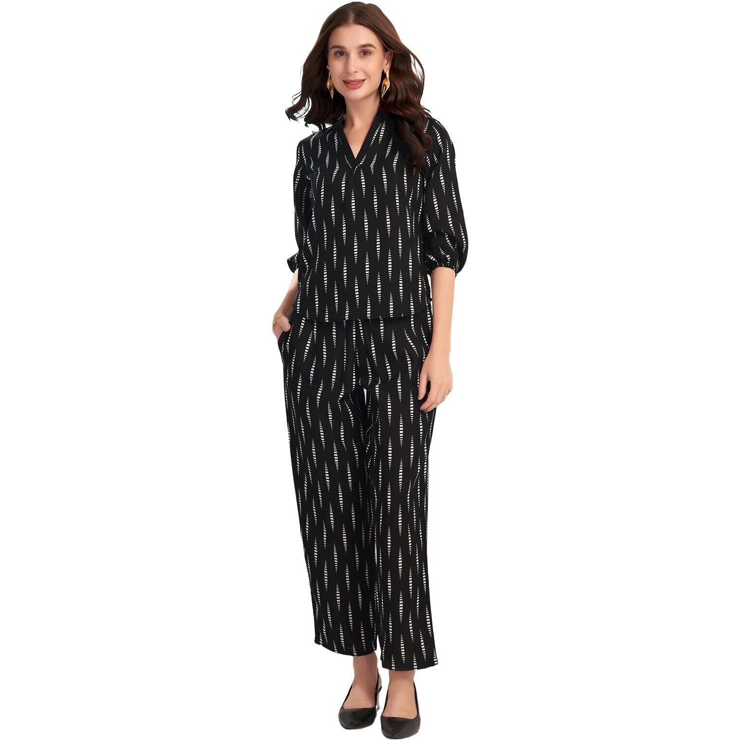 Selvia Co-Ords Set For Women|Cotton Blend Top & Trouser Set|Ethnic Co-Ords Set For Women|Printed Two Piece Co-Ord Set Co-Ords Set(695Ctk7841N-S_Black & White)