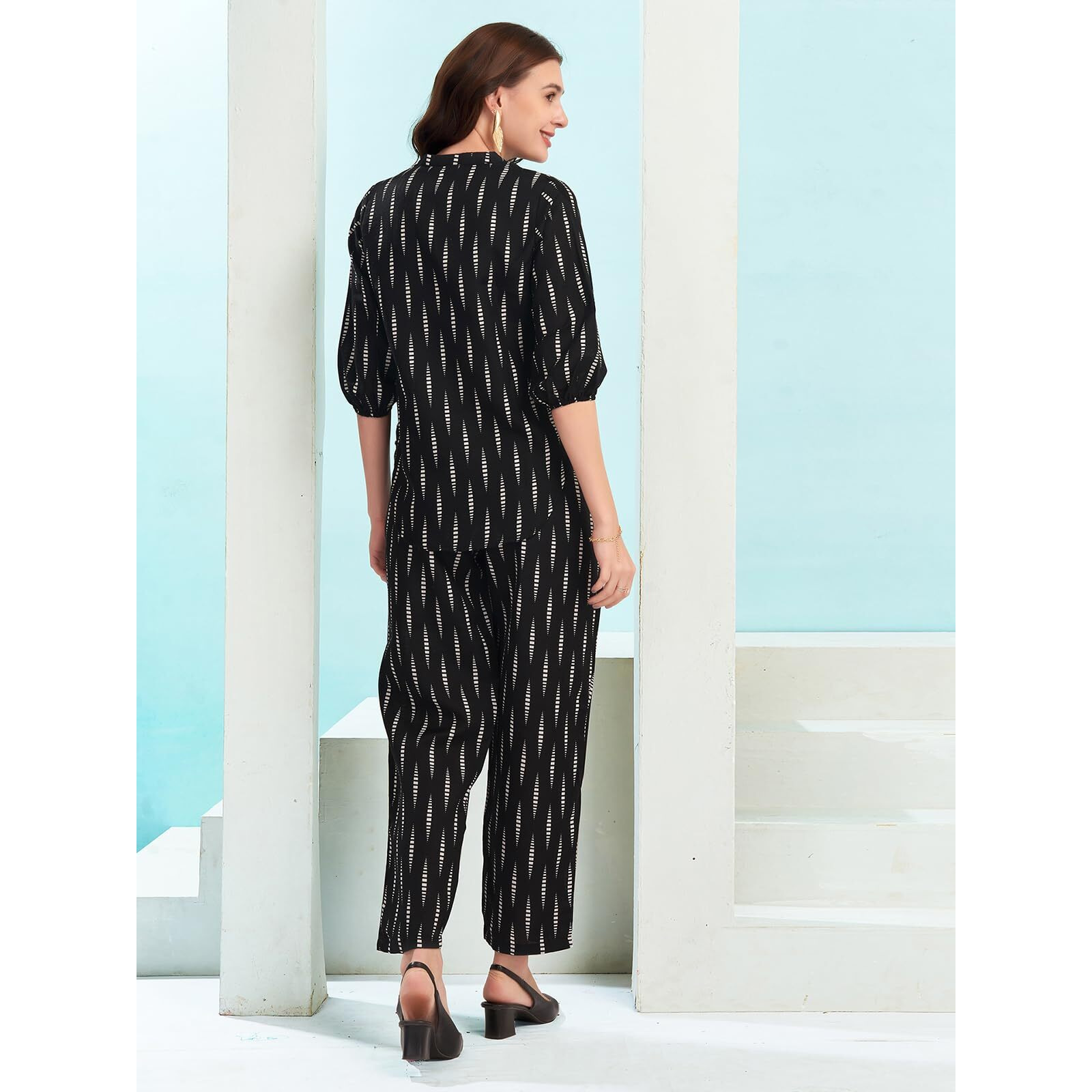 Selvia Co-Ords Set For Women|Cotton Blend Top & Trouser Set|Ethnic Co-Ords Set For Women|Printed Two Piece Co-Ord Set Co-Ords Set(695Ctk7841N-S_Black & White)