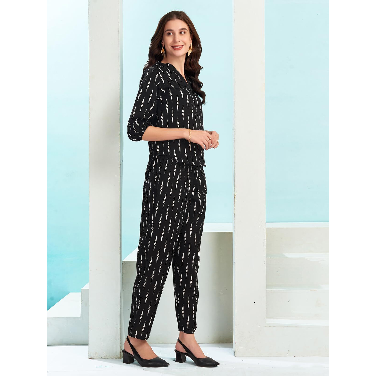 Selvia Co-Ords Set For Women|Cotton Blend Top & Trouser Set|Ethnic Co-Ords Set For Women|Printed Two Piece Co-Ord Set Co-Ords Set(695Ctk7841N-S_Black & White)