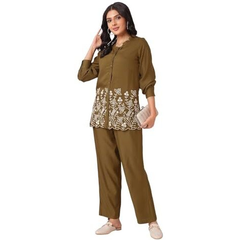 Selvia Co-Ords Set For Women|Cotton Blend Shirt And Trouser Set|Casual Co-Ords Set For Women|Embroidery Two Piece Co-Ord Set(681Ctk7822N-L_Light Brown)