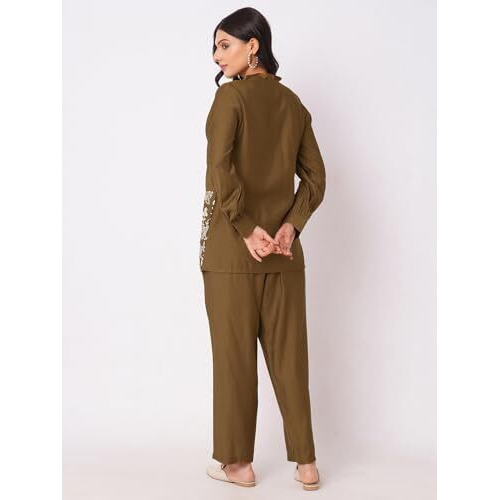 Selvia Co-Ords Set For Women|Cotton Blend Shirt And Trouser Set|Casual Co-Ords Set For Women|Embroidery Two Piece Co-Ord Set(681Ctk7822N-L_Light Brown)
