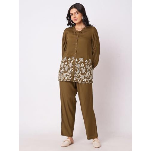 Selvia Co-Ords Set For Women|Cotton Blend Shirt And Trouser Set|Casual Co-Ords Set For Women|Embroidery Two Piece Co-Ord Set(681Ctk7822N-L_Light Brown)