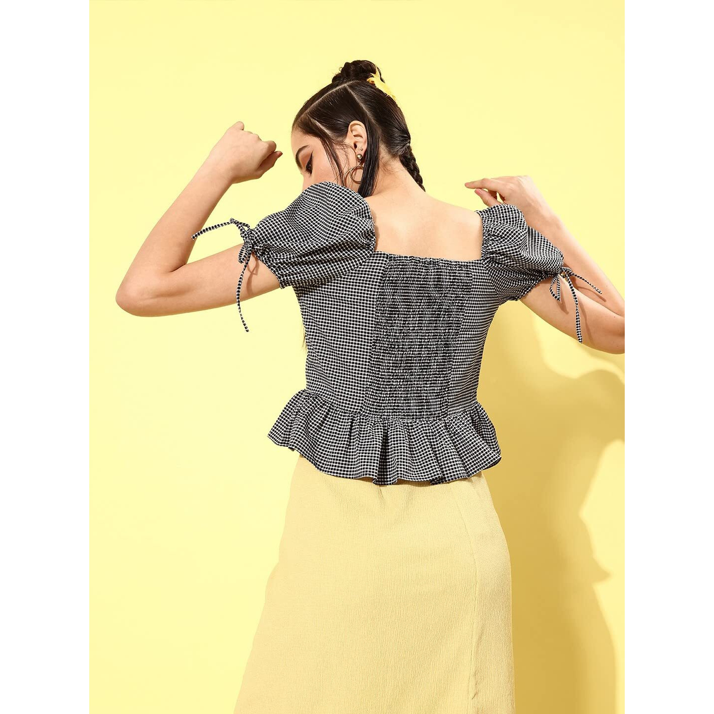 Rare Women Casual Black Check Colour Sweetheart Neck Checked Peplum Top