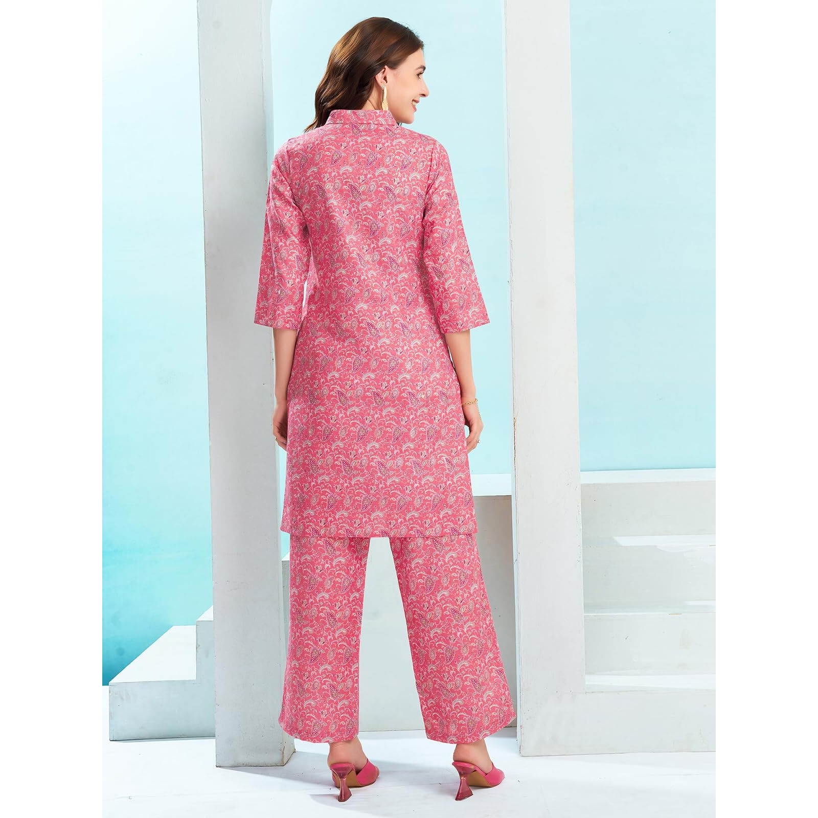 Selvia Co-Ords Set For Women | Cotton Blend Top & Trouser Co-Ords Set | Casual Co-Ords Set For Women | Printed Two Piece Co-Ord Set | Sports Wear Co-Ords Set(681Ctk7824N-S_Pink & Multi)