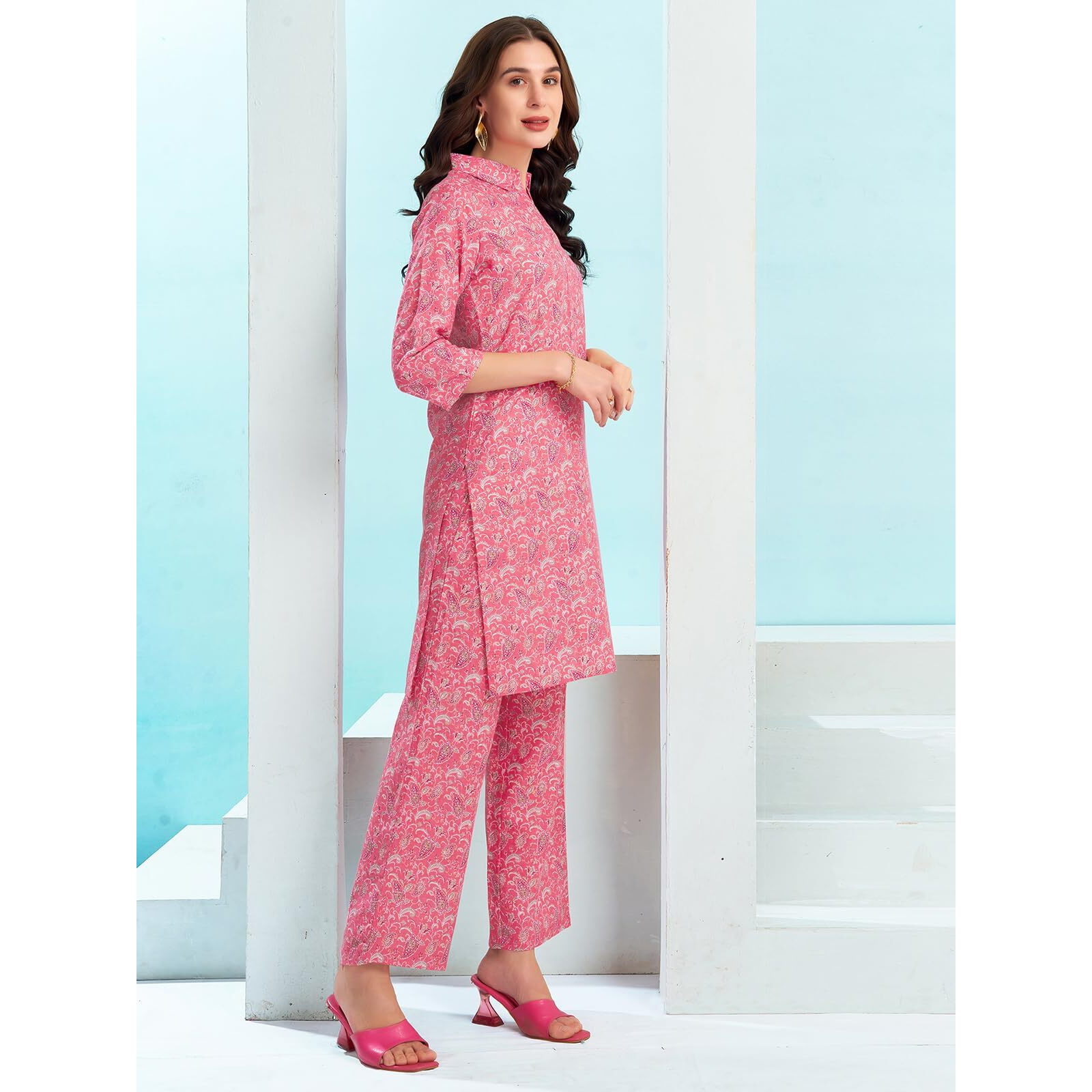 Selvia Co-Ords Set For Women | Cotton Blend Top & Trouser Co-Ords Set | Casual Co-Ords Set For Women | Printed Two Piece Co-Ord Set | Sports Wear Co-Ords Set(681Ctk7824N-S_Pink & Multi)