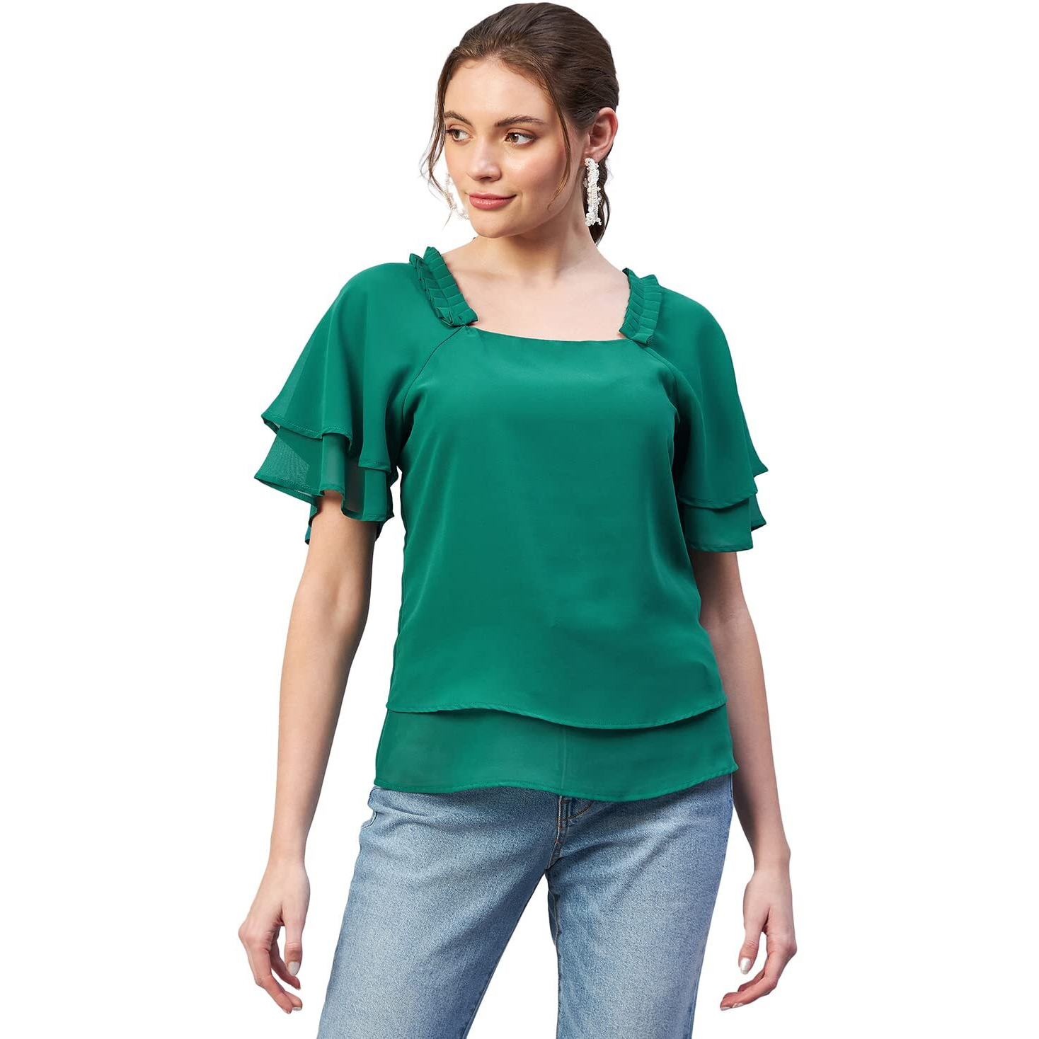 Rare Women Casual Green Colour Square Neck Solid Regular Top