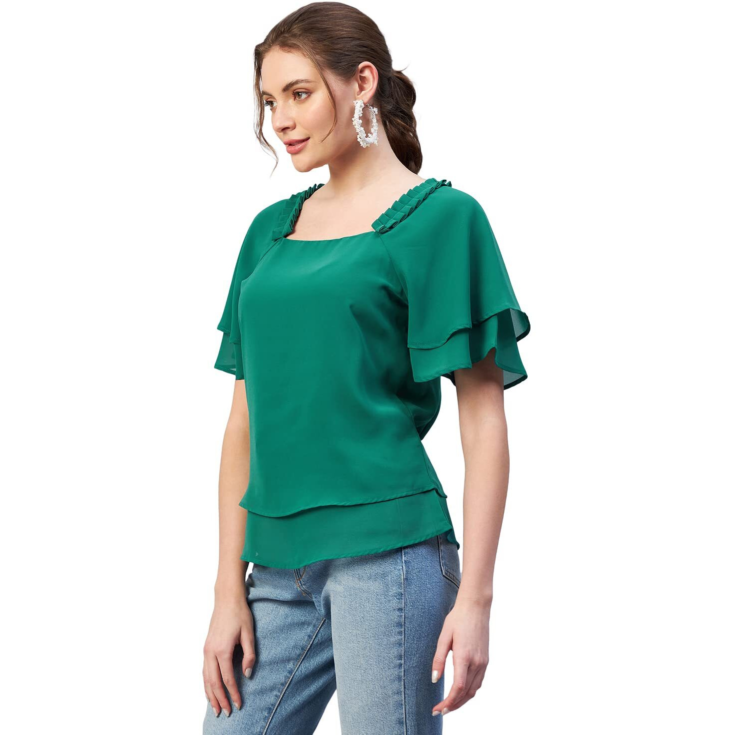 Rare Women Casual Green Colour Square Neck Solid Regular Top