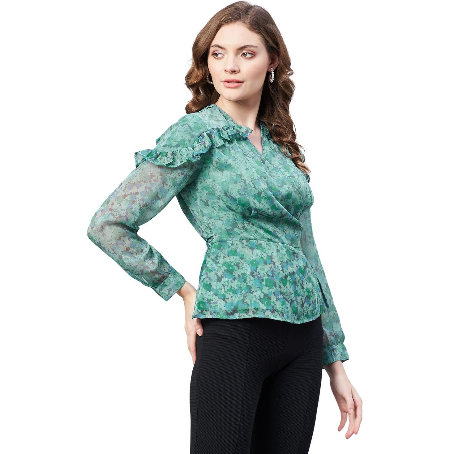 Rare Women Casual Green Colour V-Neck Floral Wrap Regular Fit Top
