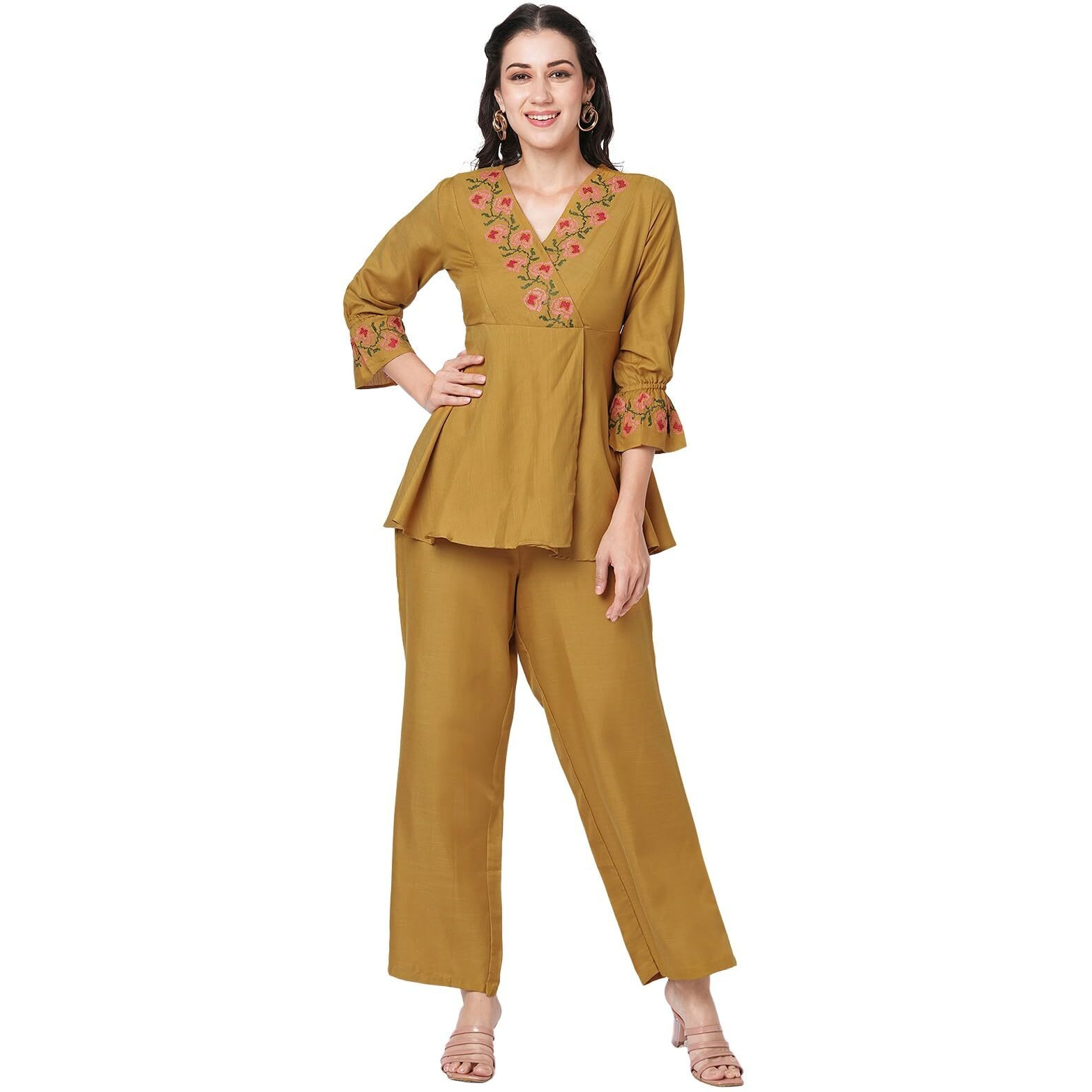 Selvia Co-Ords Set For Women|Cotton Blend Tunic & Trouser Set|Ethnic Co-Ords Set For Women|Embroidery Work Two Piece Co-Ord Set(714Ctk7922N-M_Mustard Yellow)
