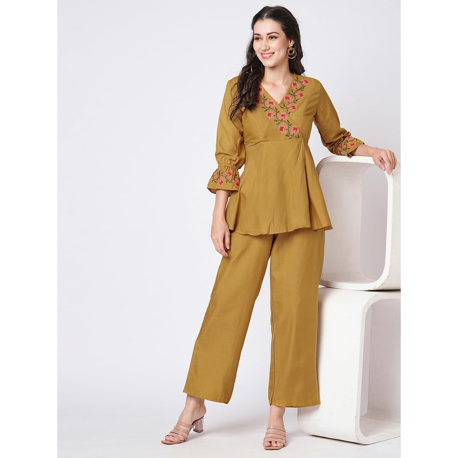 Selvia Co-Ords Set For Women|Cotton Blend Tunic & Trouser Set|Ethnic Co-Ords Set For Women|Embroidery Work Two Piece Co-Ord Set(714Ctk7922N-M_Mustard Yellow)