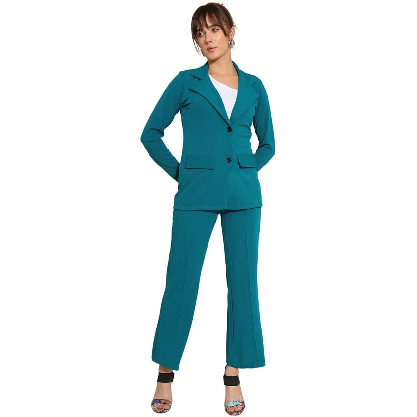 Selvia Co-Ord Set For Women|Collared Neck Co-Ord Set For Women| Blazer And Trouser|Solid Co-Ord Set|Coat And Pant|2 Piece|Formal Co-Ord Set For Women| Lycra Co-Ord Set (634Ctk11258N-S_Teal Blue)