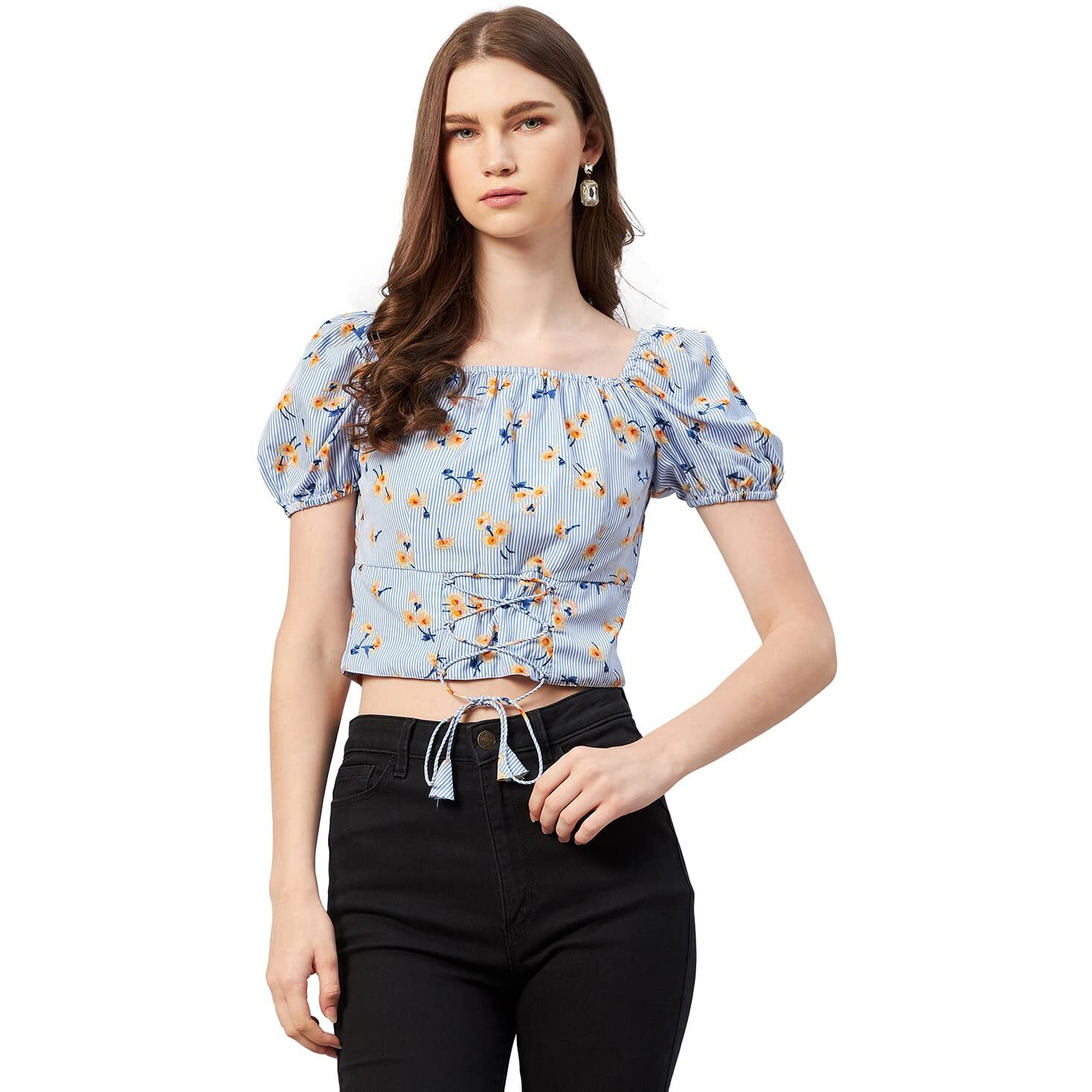 Rare Women Casual Blue Colour Square Neck Floral Fitted Top