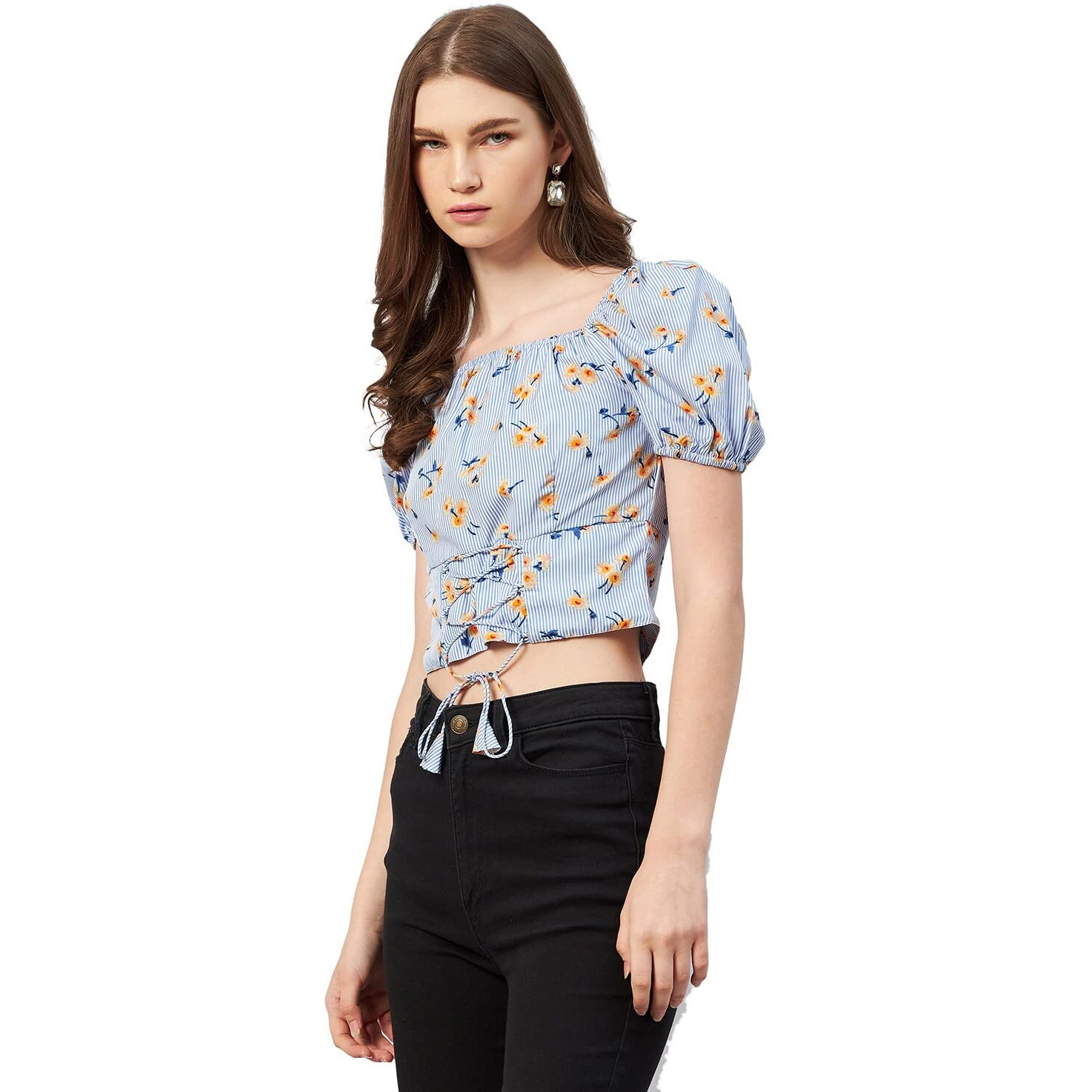 Rare Women Casual Blue Colour Square Neck Floral Fitted Top
