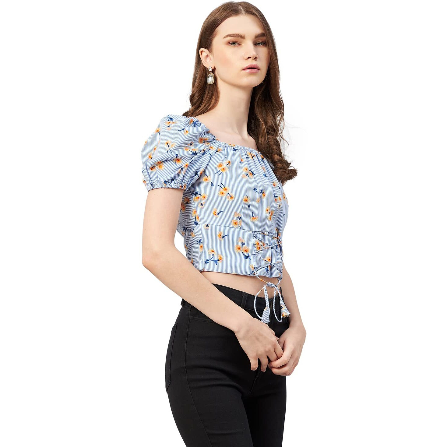 Rare Women Casual Blue Colour Square Neck Floral Fitted Top