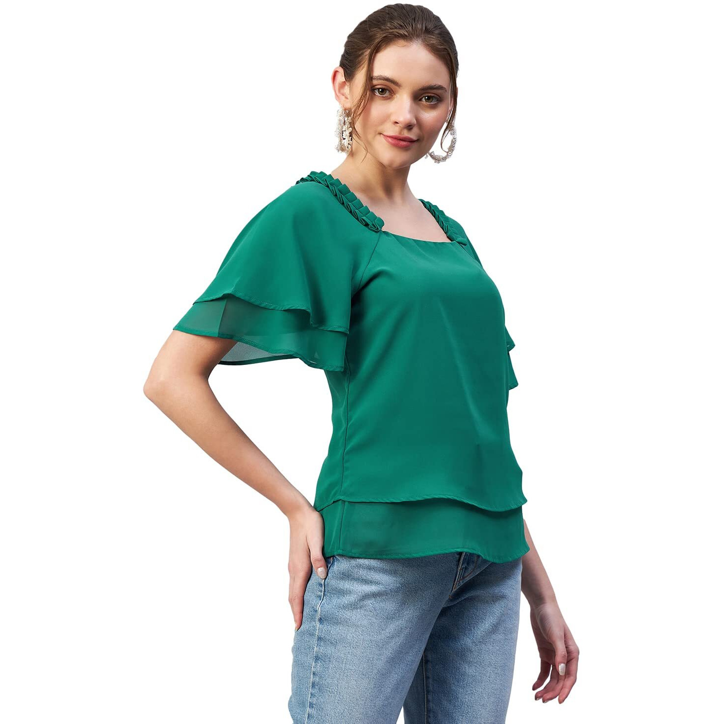 Rare Women Casual Green Colour Square Neck Solid Regular Top
