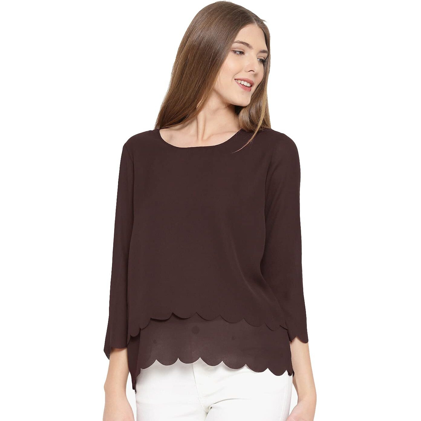 Rare Women Burgundy Solid Scalloped Hem Layered Top (Ep1396-M)