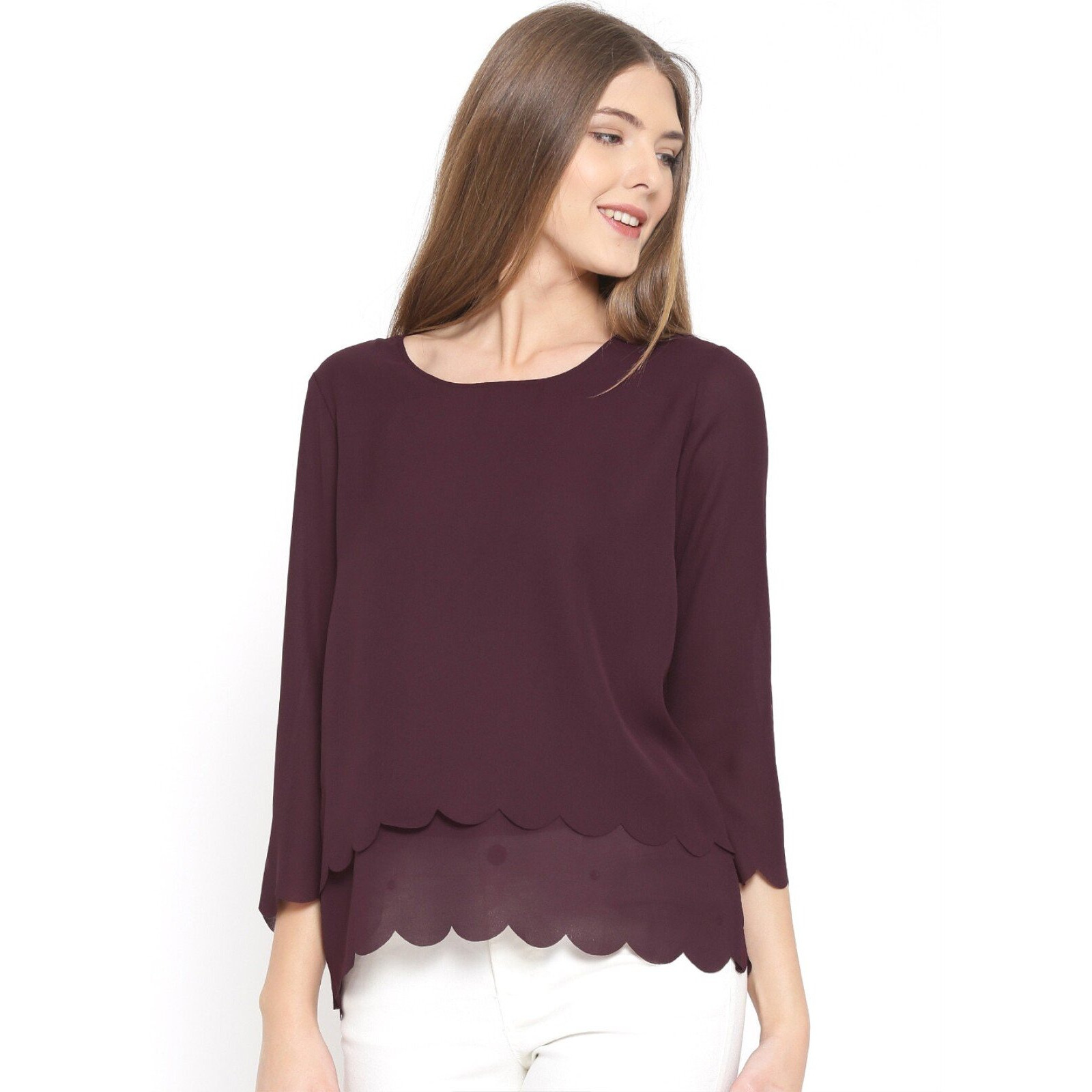 Rare Women Burgundy Solid Scalloped Hem Layered Top (Ep1396-M)